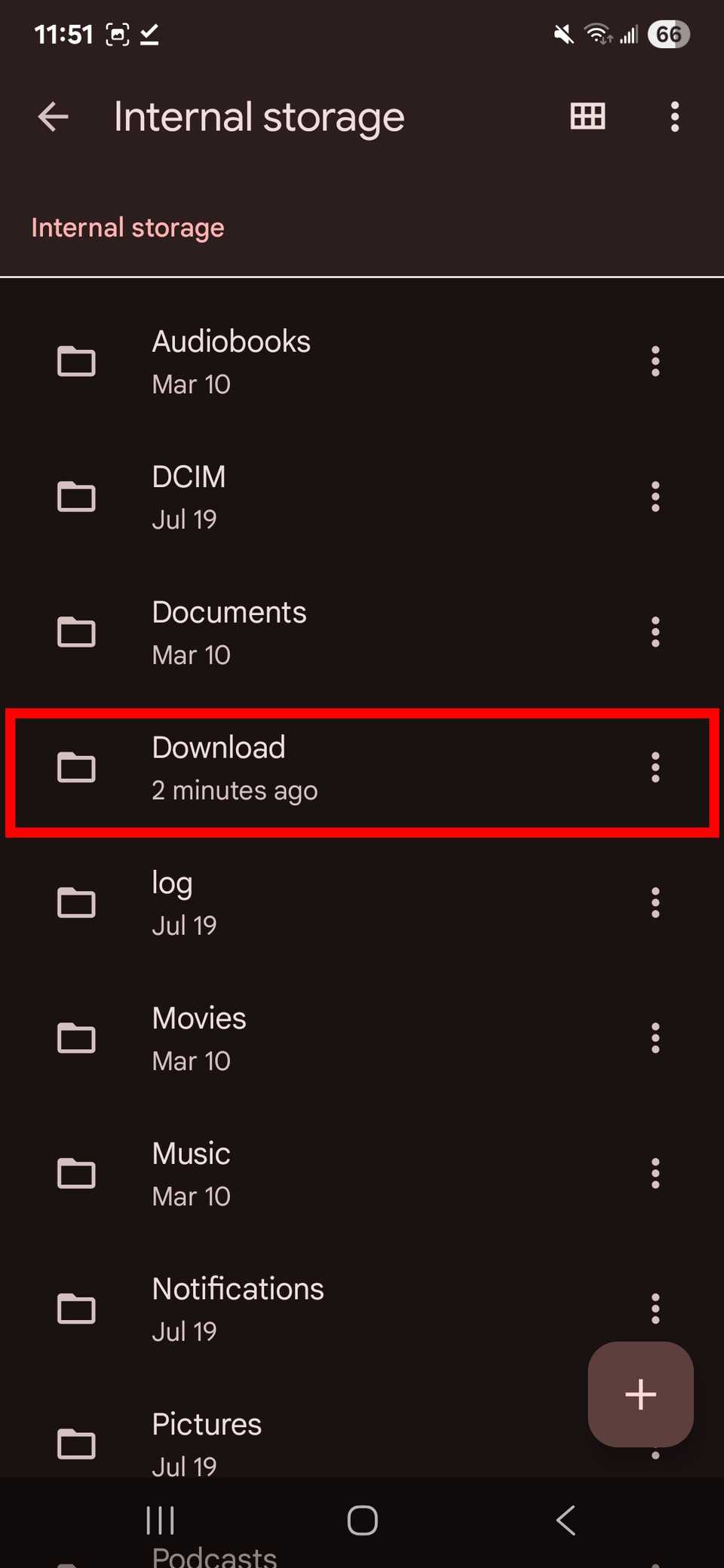 Red rectangle outline over Download in Internal storage in the Google Files app