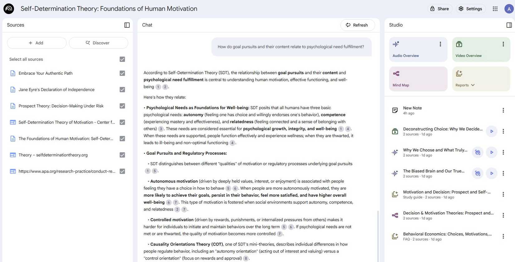 Screenshot showing NotebookLM answering a query
