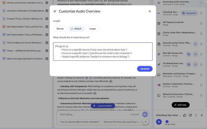 屏幕截图显示了如何自定义Notebooklm中的音频概述