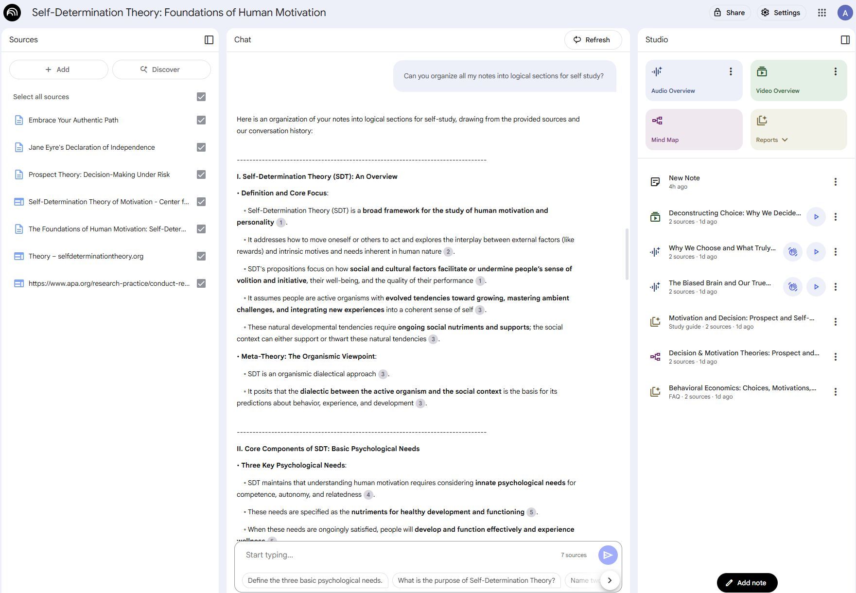 Screenshot of NotebookLM organizing the notes into sections