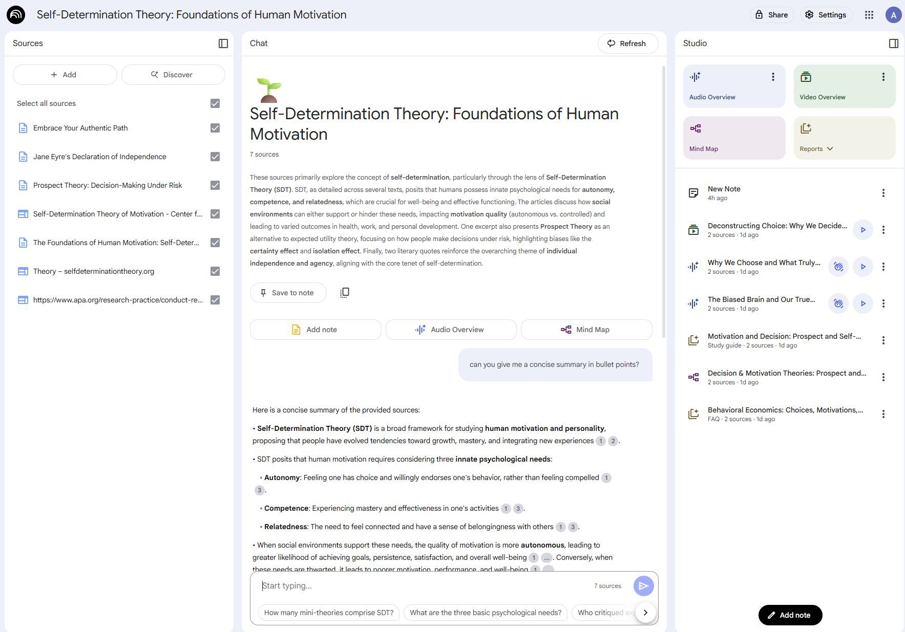 Screenshot showing a summary of self-determination theory in NotebookLM