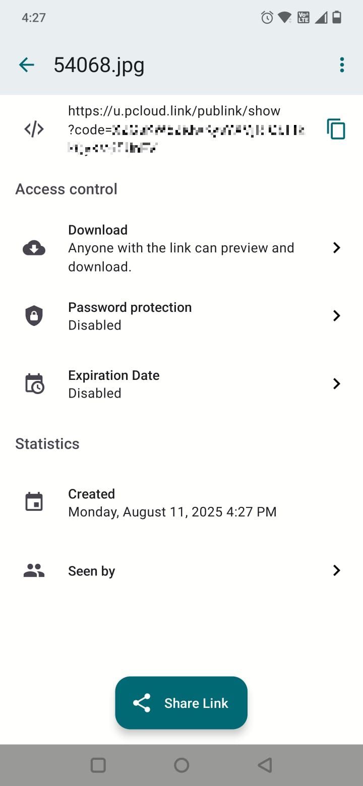 屏幕截图在pcloud中显示文件的详细信息