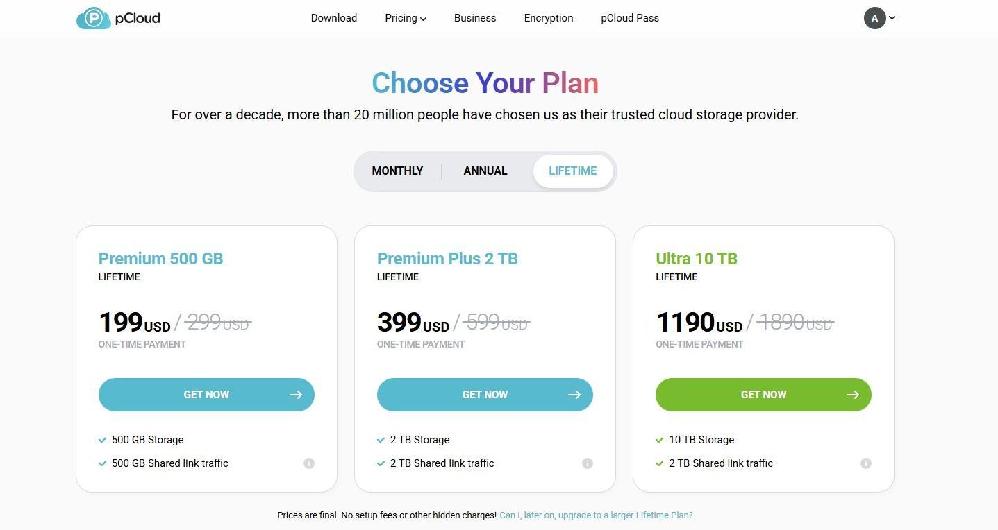Captura de tela dos planos oferecidos pelo PCLOUD