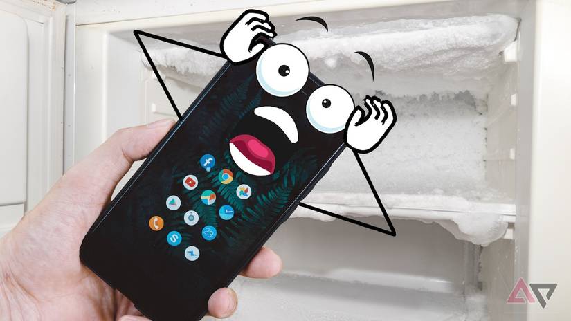 Hand holding phone with animated shocked emoji face near fridge