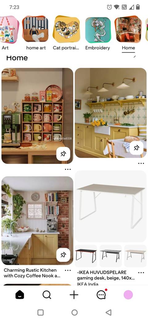 Screenshot of the Pinterest Home sectionon the mobile app