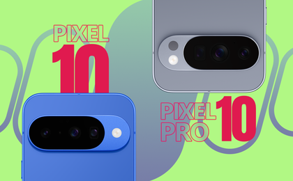 Close-up of the blue Google Pixel 10 and the gray Google Pixel 10 Pro, with large red text labeling each model on a green background