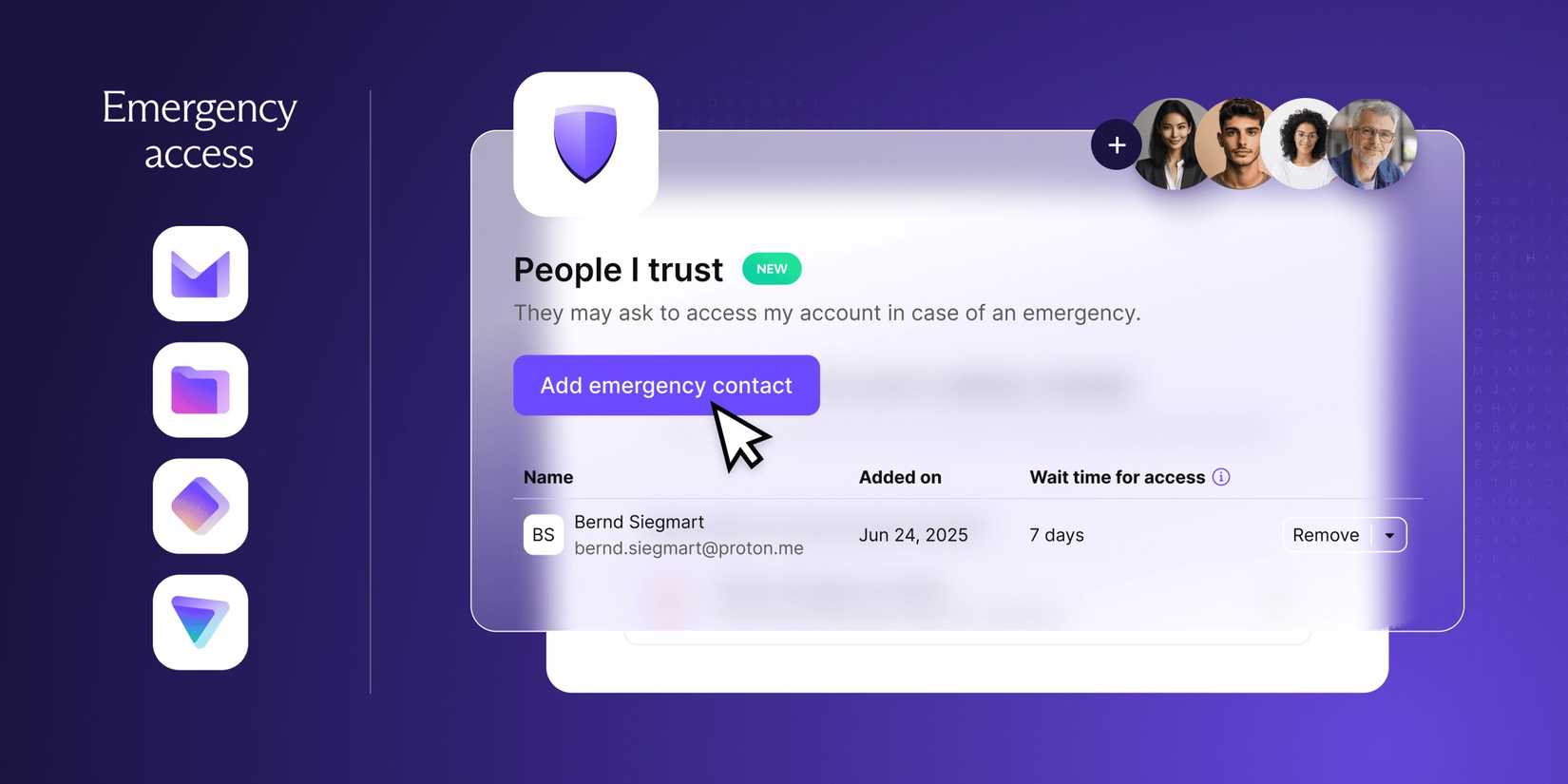 Proton emergency access feature dashboard for adding a contact