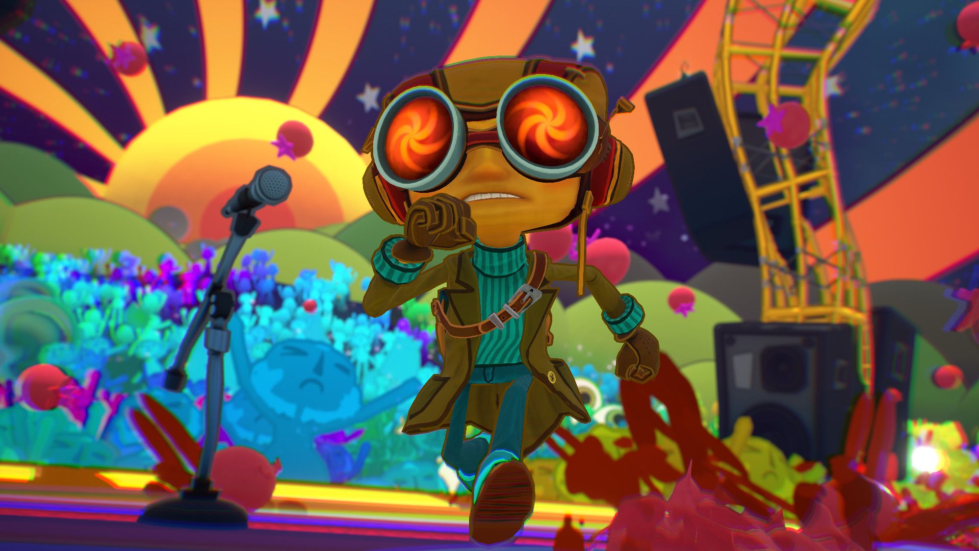 Running through a psychedelic level in Psychonauts 2