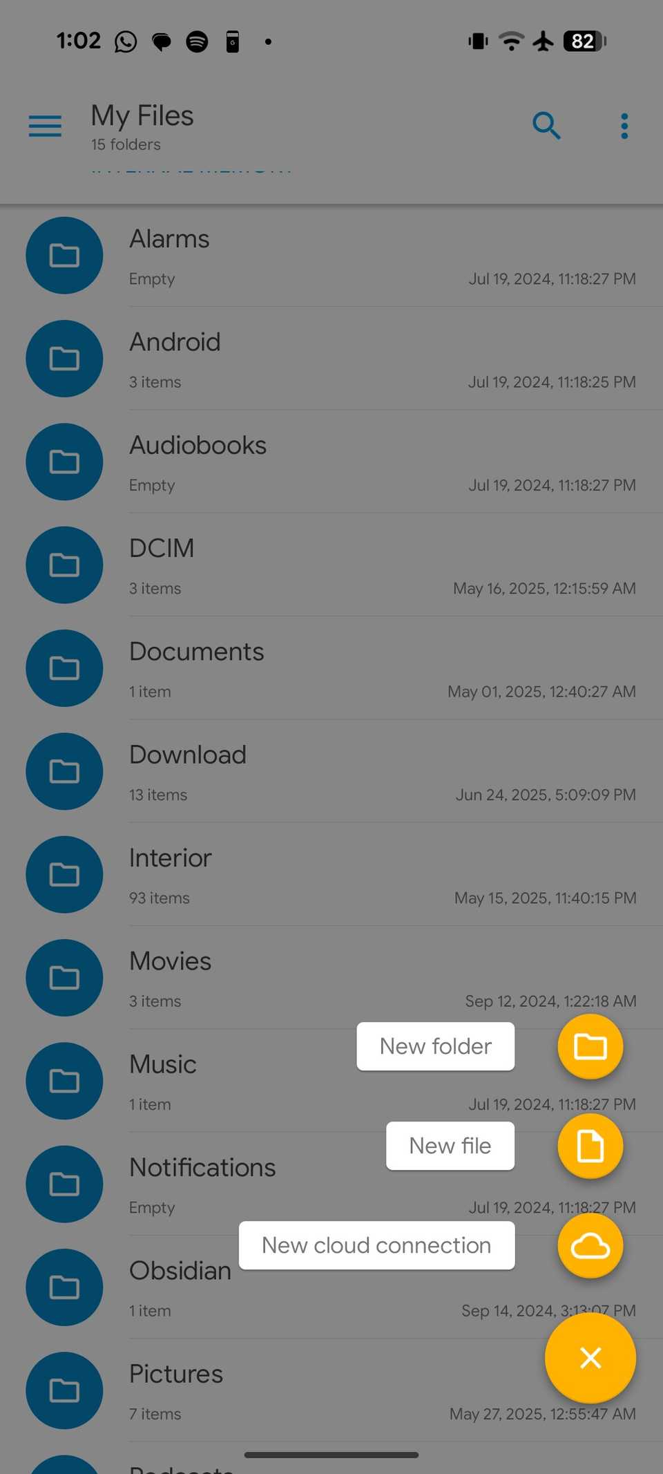 Menú de archivo nuevo en Solid Explorer