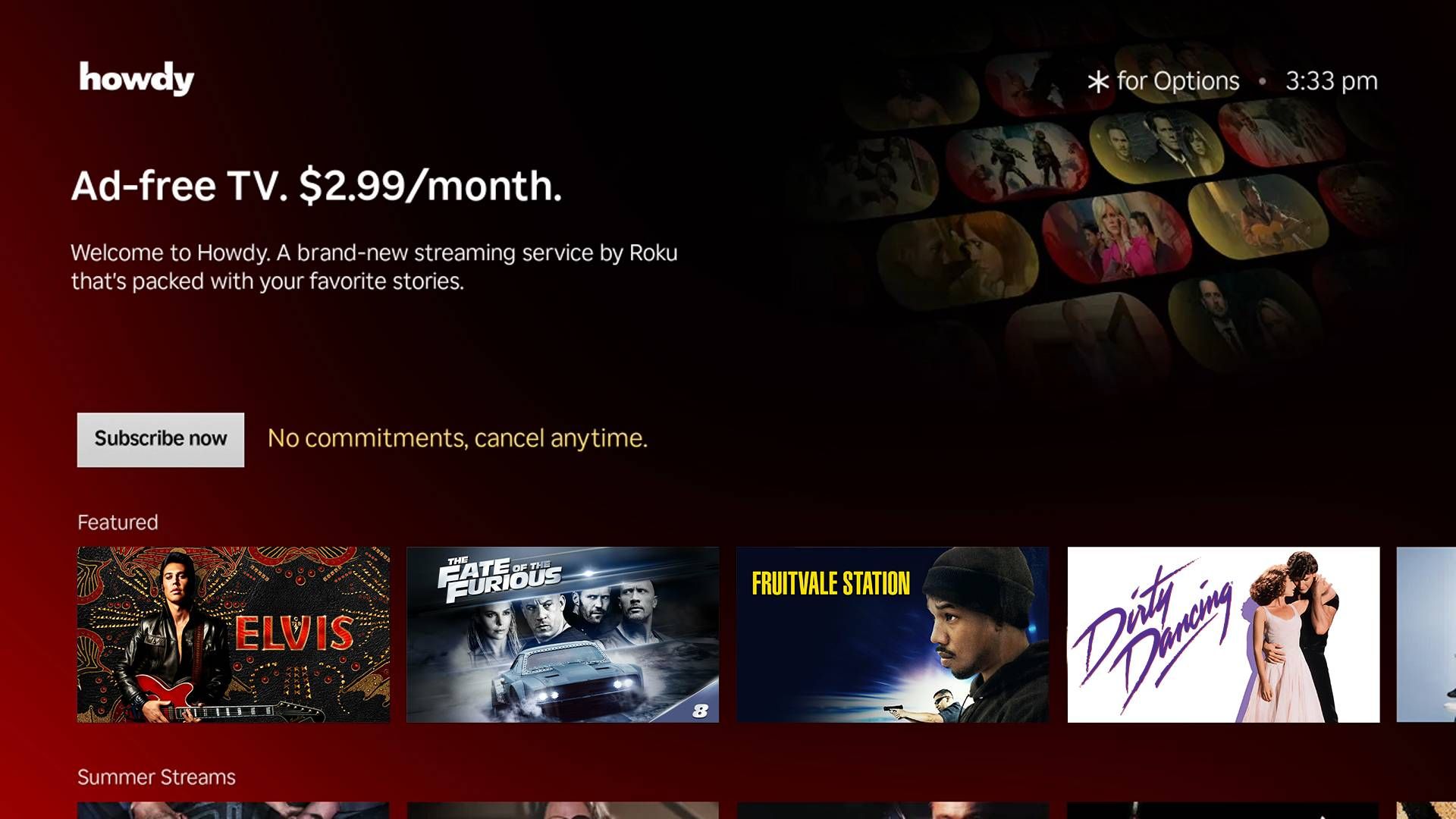 A screenshot of Howdy by Roku's subscription page.