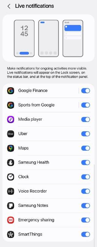 A screenshot highlighting a toggle for Uber in One UI 8's Live notification settings.