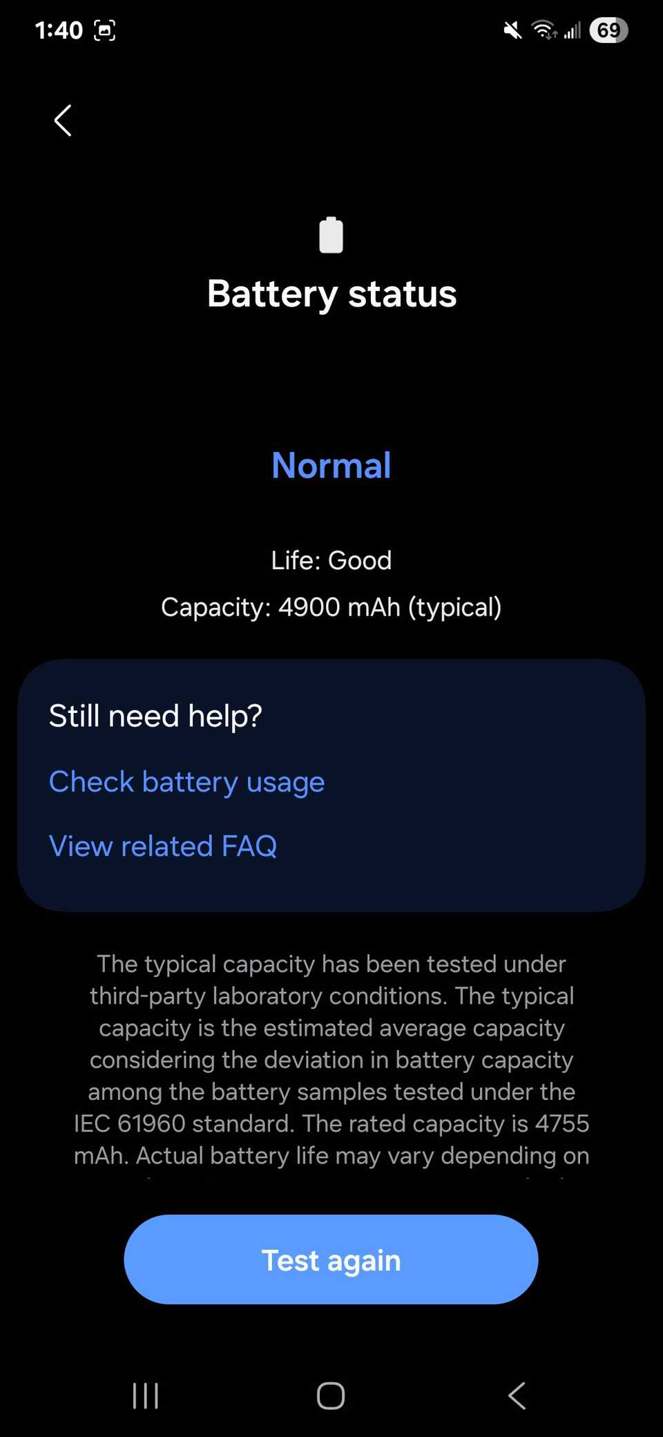 Battery status indicating normal after performing a phone diagnostic check on battery status while in the Samsung Members app