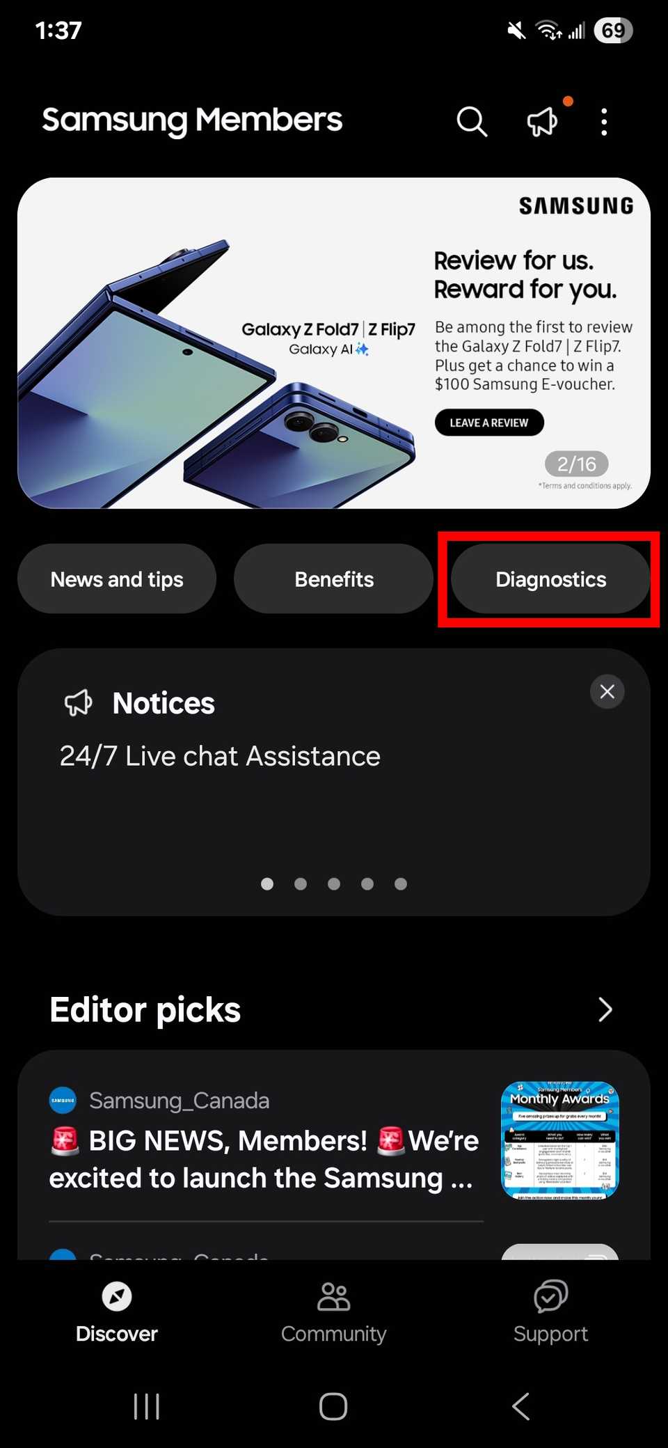 Red rectangle outline highlighting Diagnostics tab in the Samsung Members app