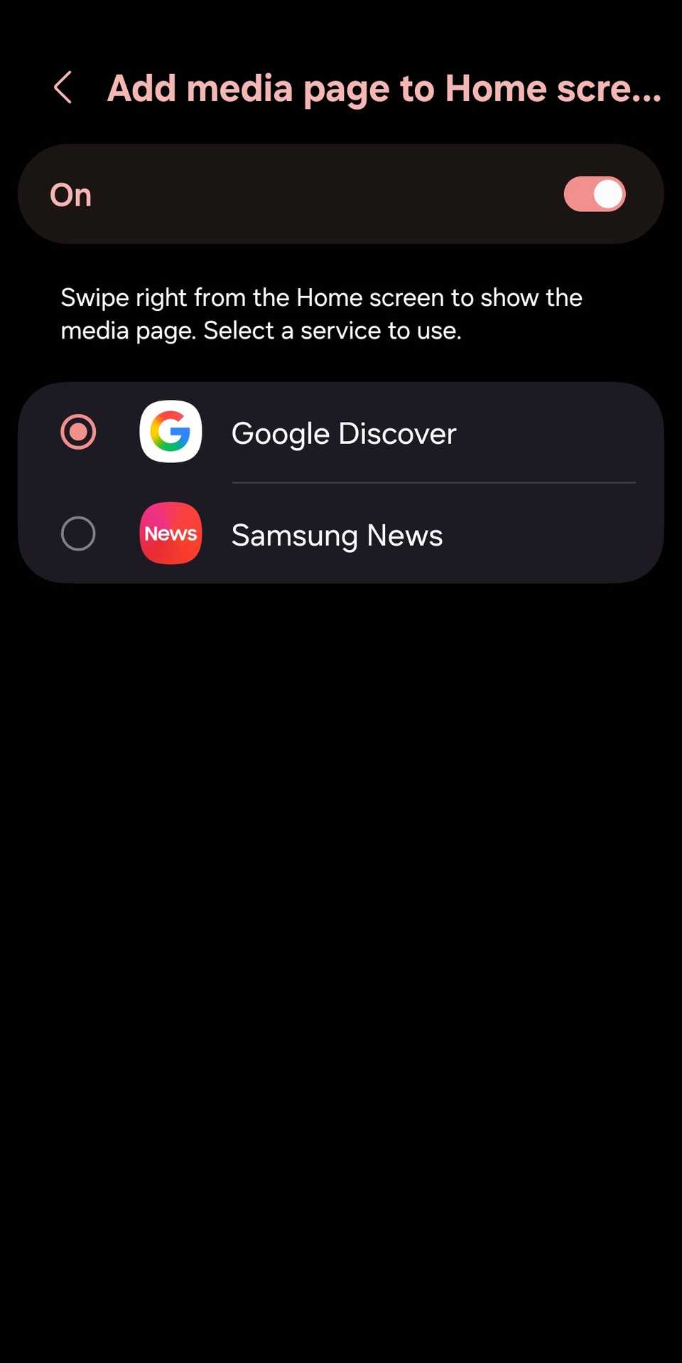 Mostrando 'Google Discover' e duas de suas opções de página de mídia conectadas "Samsung News em uma interface do usuário 7