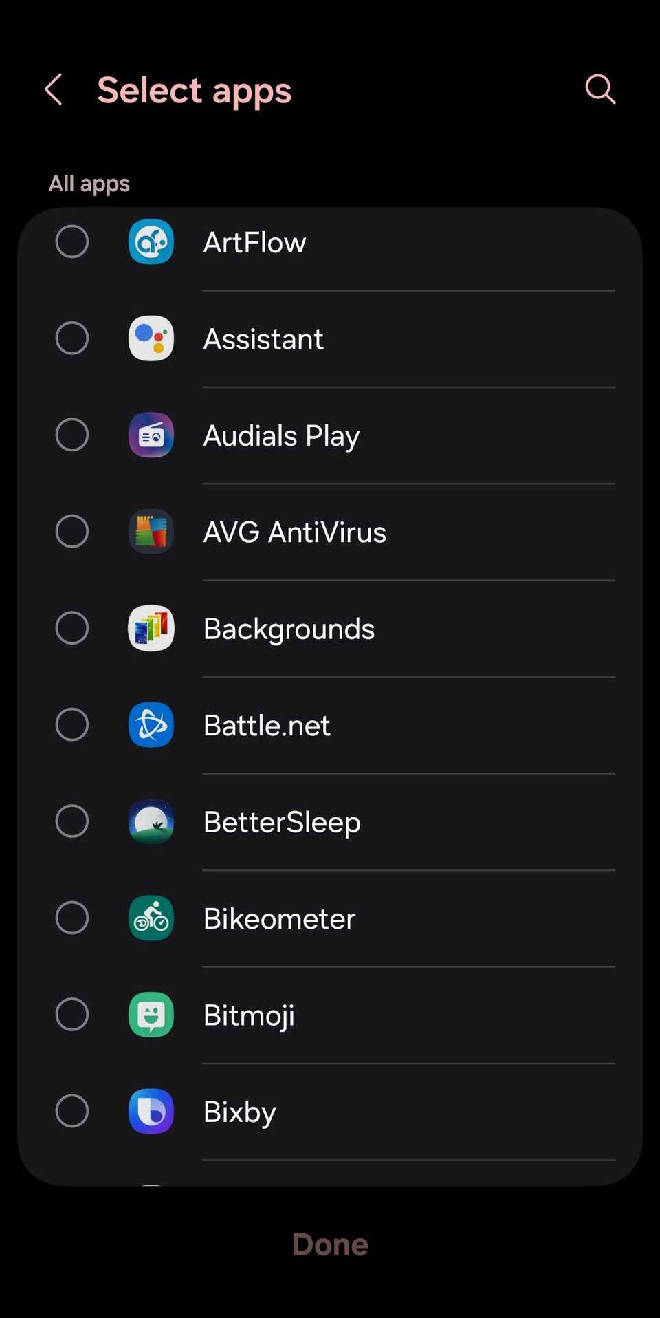 Todos os aplicativos para aplicativos ocultos na tela inicial e uma lista de aplicativos selecionados mostrados para todos os aplicativos para configuração em uma interface do usuário 7