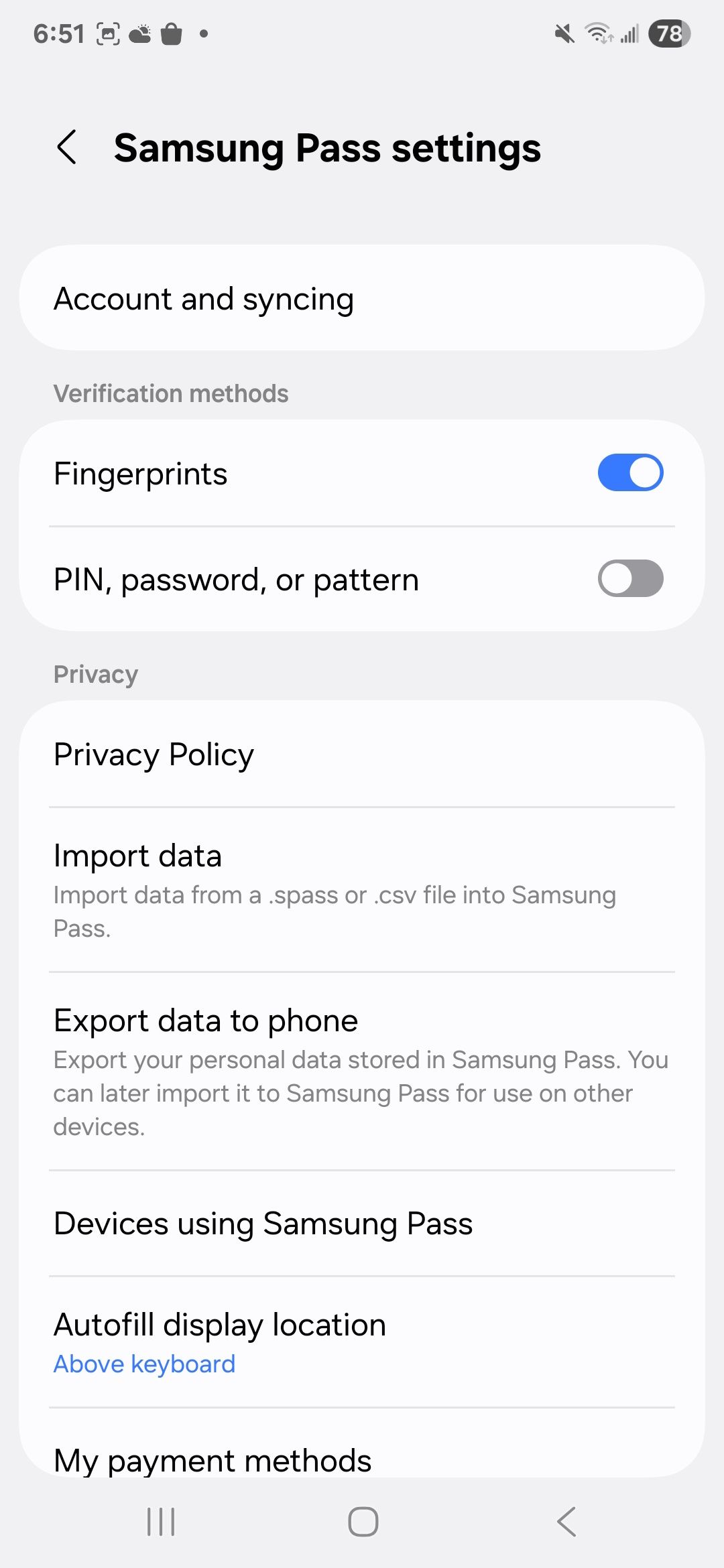 Samsung Pass é uma lista de configurações ativadas ou alterações na página de configurações
