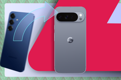 Samsung phone being replaced by a Google Pixel, shown with an arrow pointing to the Pixel.