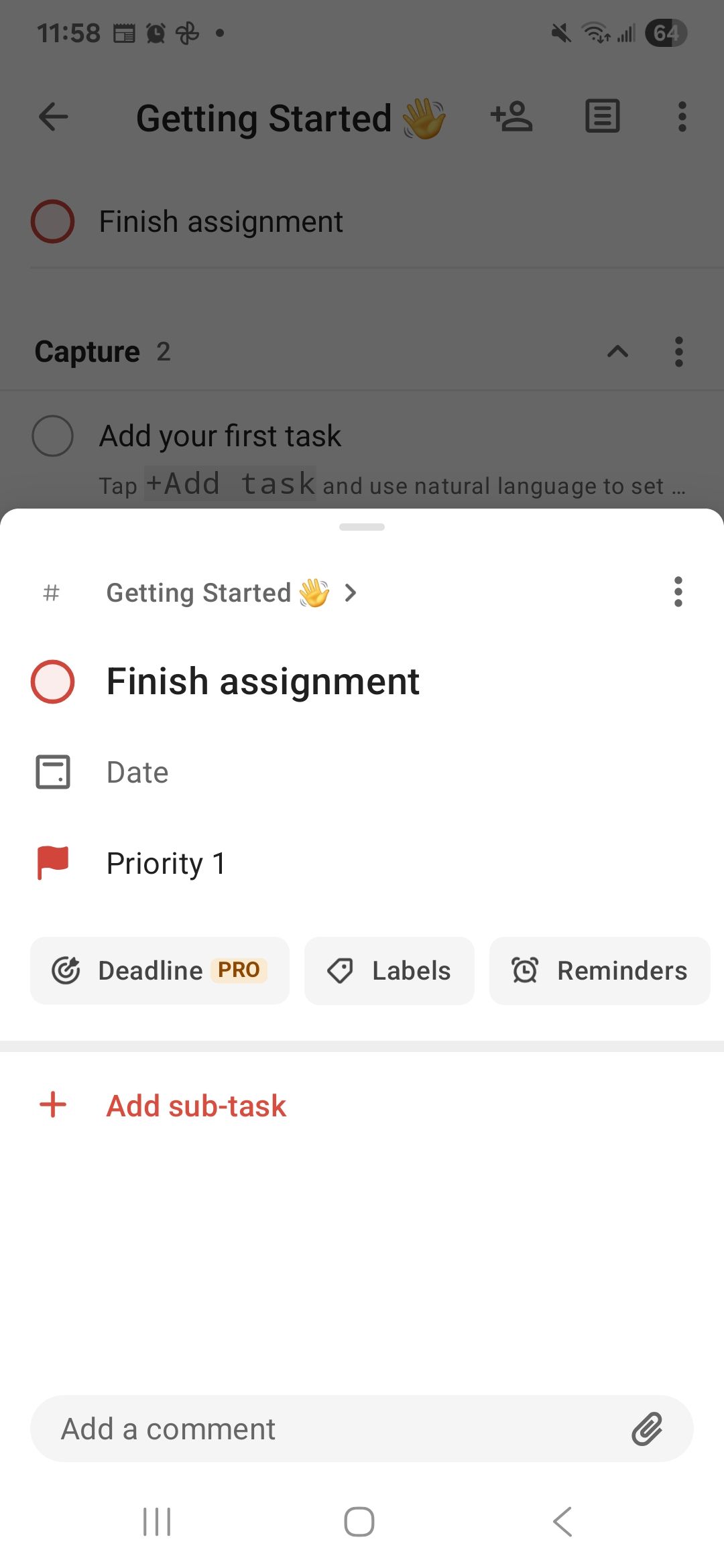 Mostrando uma entrada de tarefa na categoria começando com opções personalizadas de prioridade e adicionando uma subjuga ao aplicativo Todost