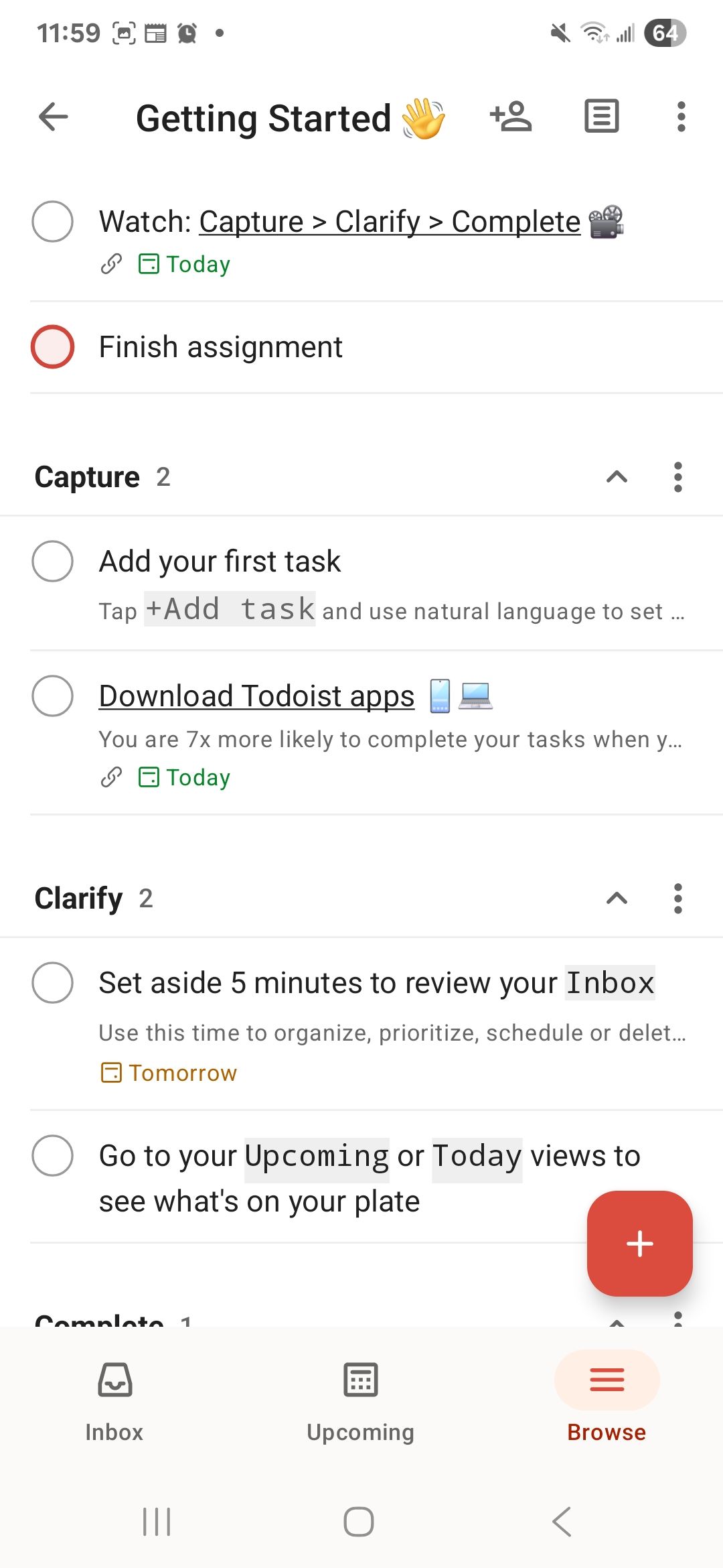 Mostrando a página começou com um formato de trabalho e lista de verificação na guia Brows do aplicativo Todoist