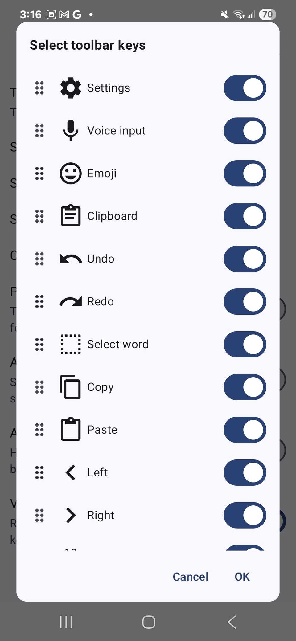 Re-ordered toolbar key list on HeliBoard app