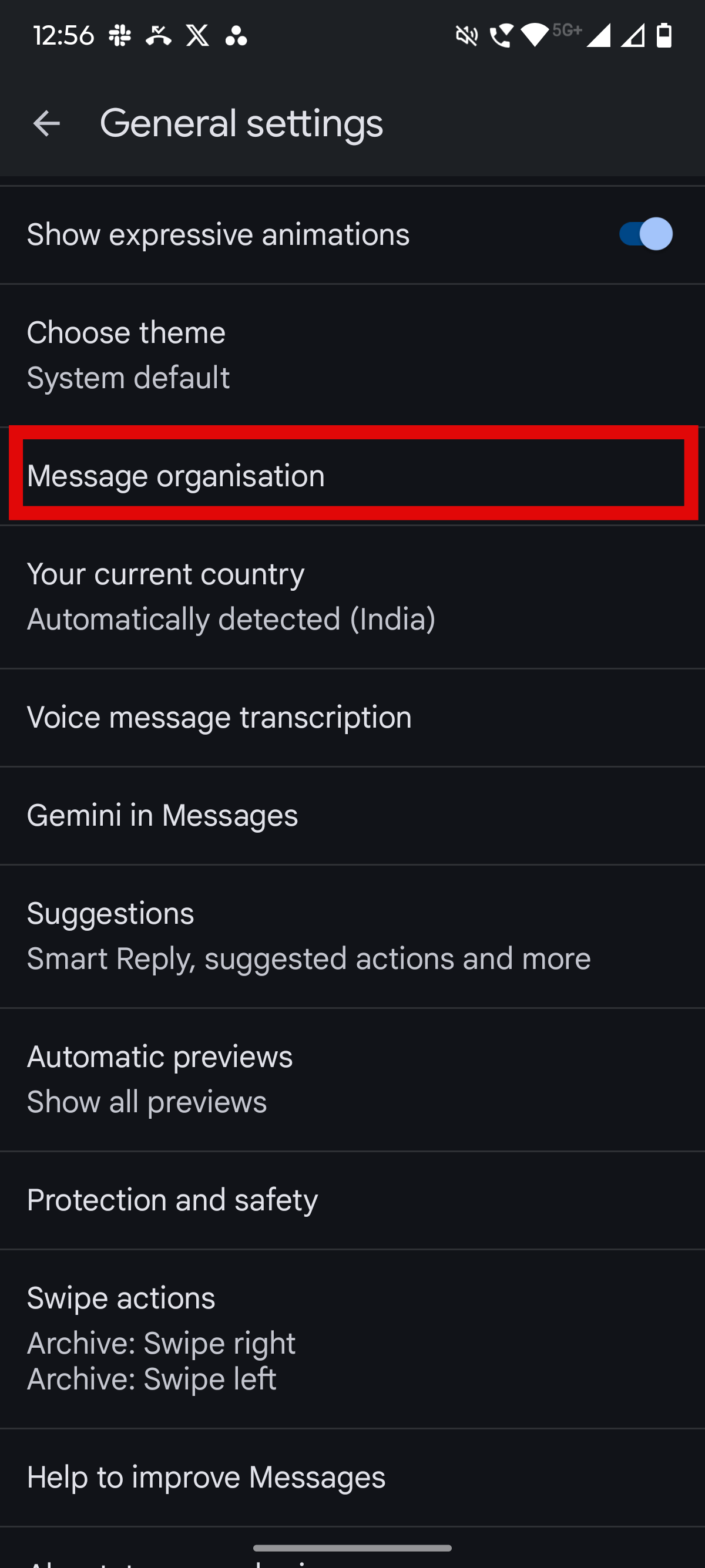 Screenshot showing Message organisation in Google Messages settings