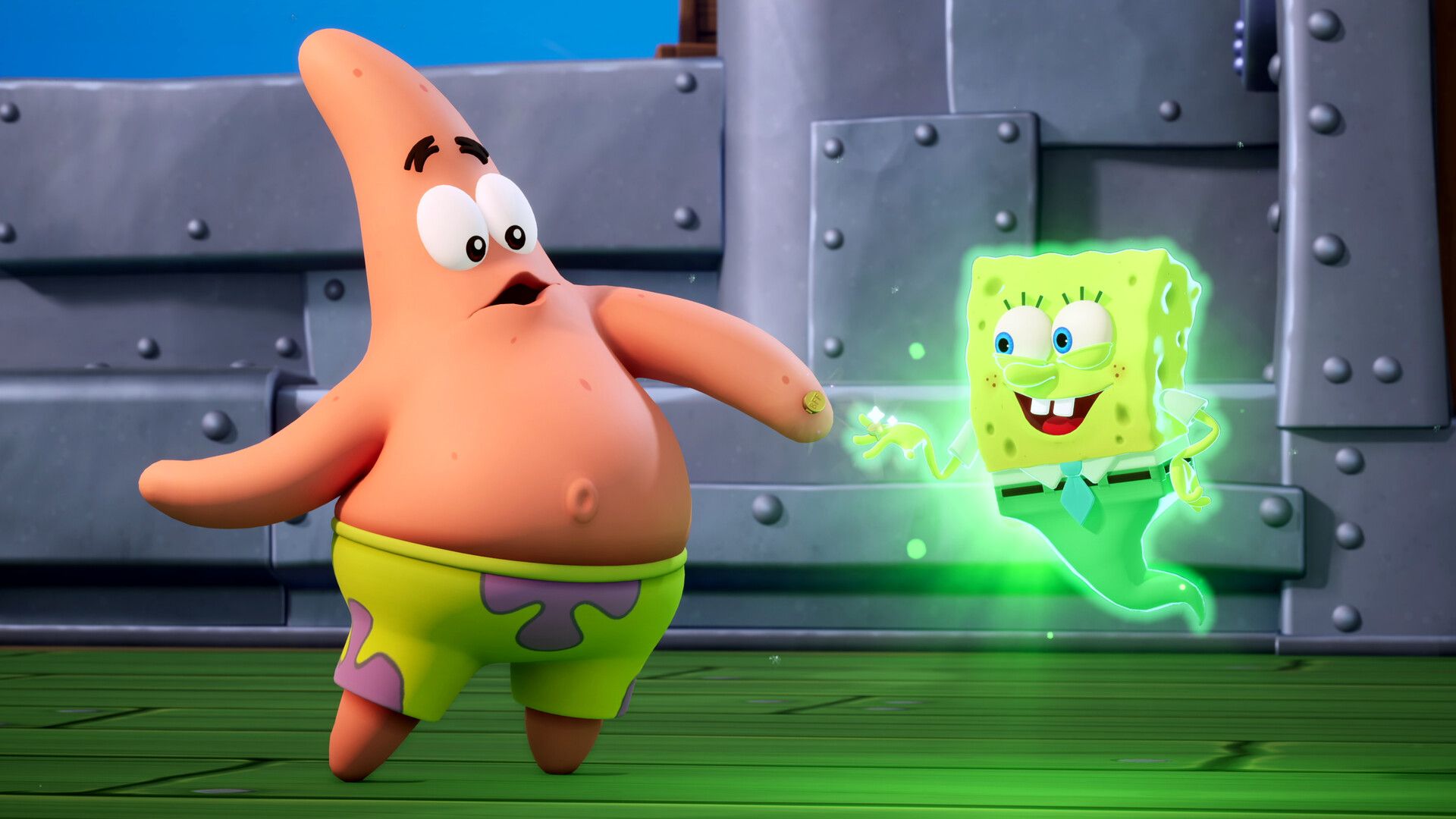 Patrick and a ghost SpongeBob in SpongeBob SquarePants: Titans of the Tide