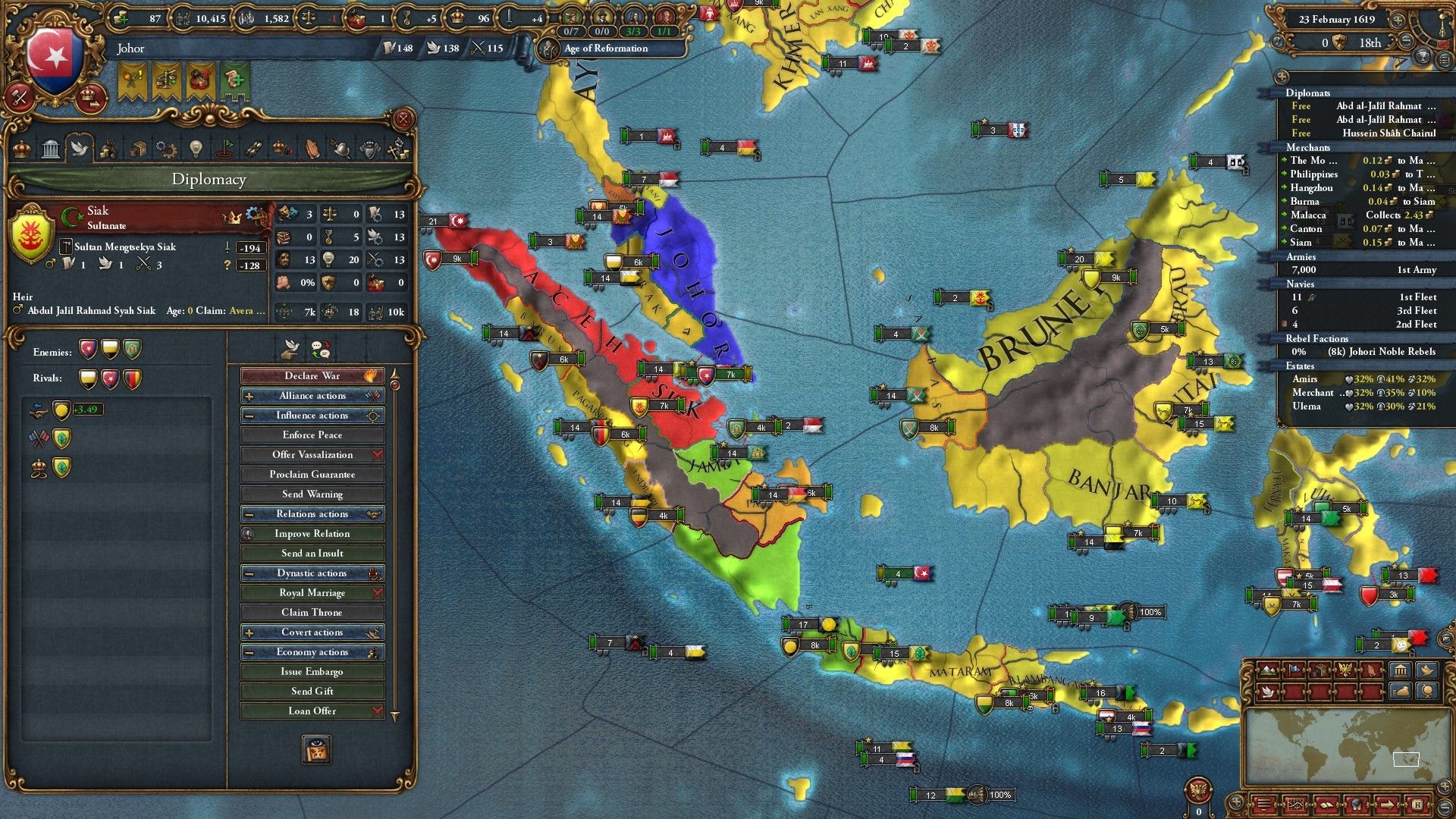Playing Europa Universalis IV and the Diplomacy screen.
