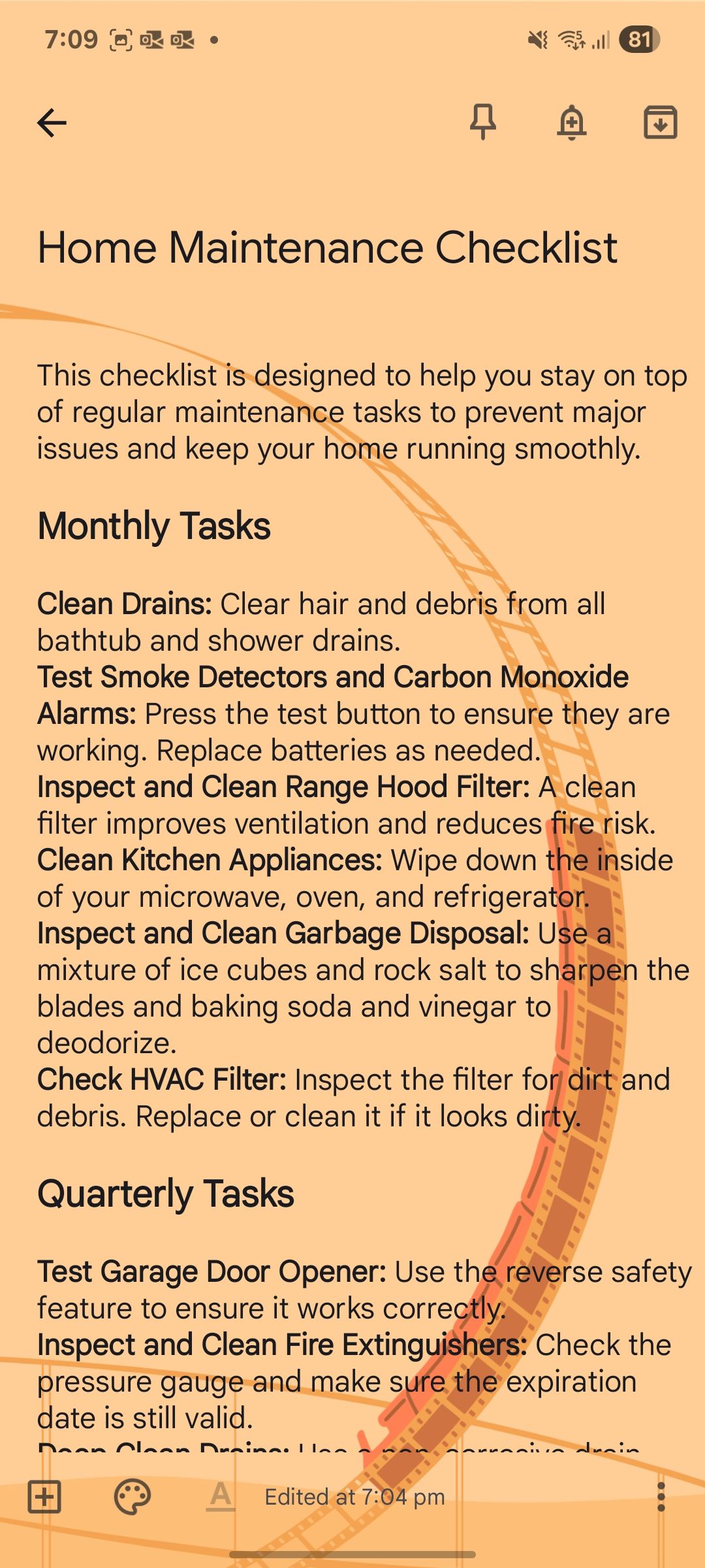 Google Keep home maintenance checklist