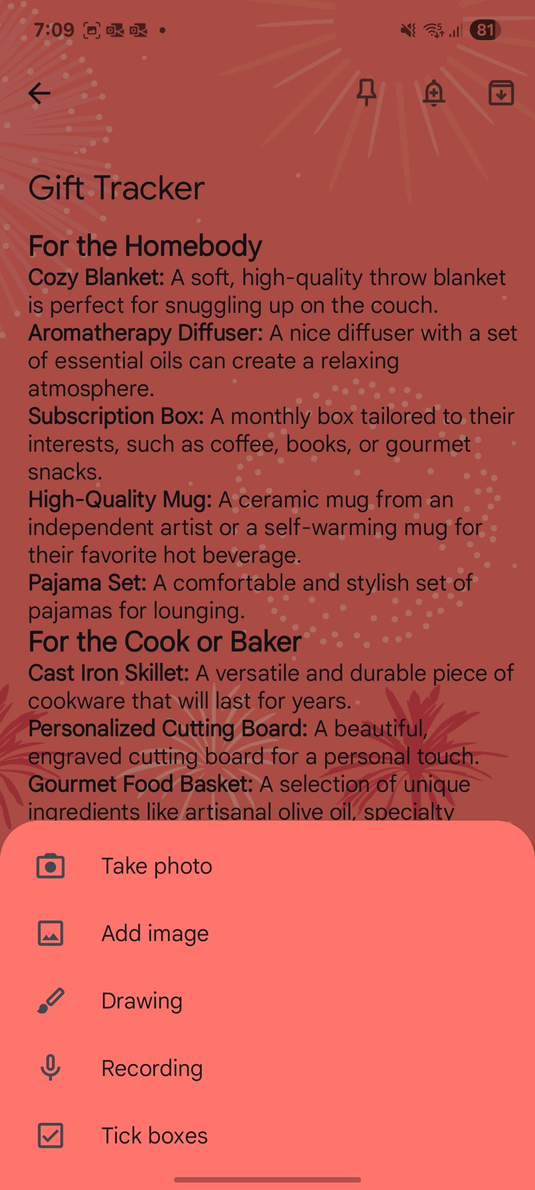 share gift tracker in Google Keep