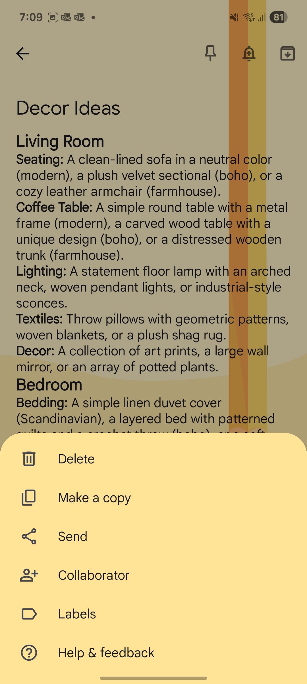 Share home decor ideas Google Keep