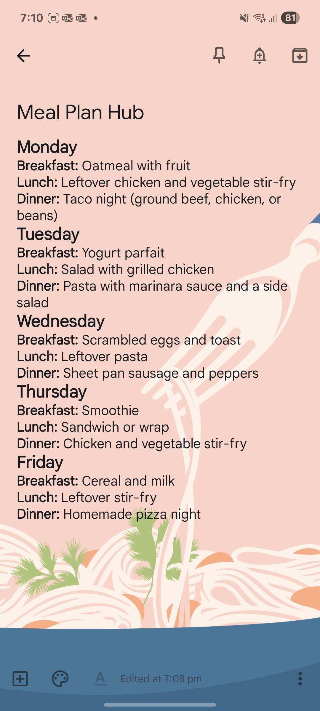 meal planning in Google Keep