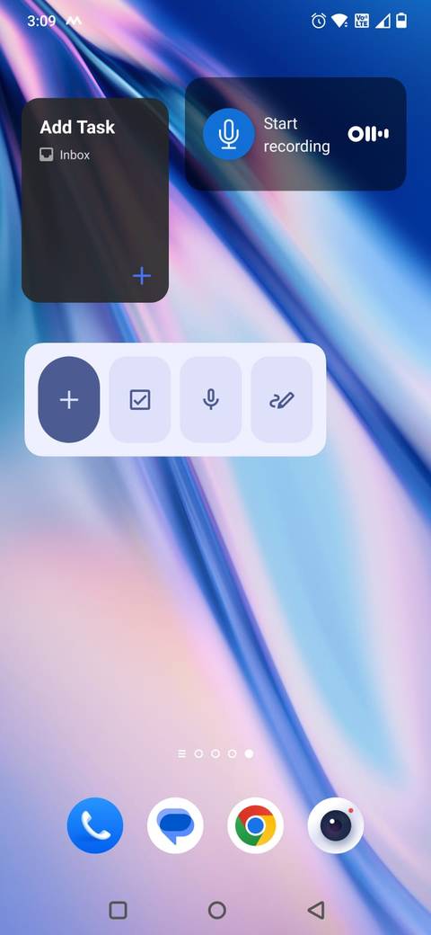 Screenshot showing widgets for TickTick, Google Keep, and Otter on the home screen