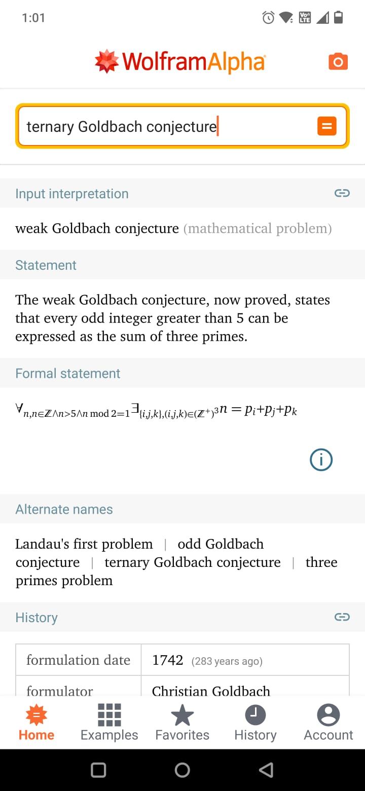 Screenshot of the home page in the Wolfram Alpha app