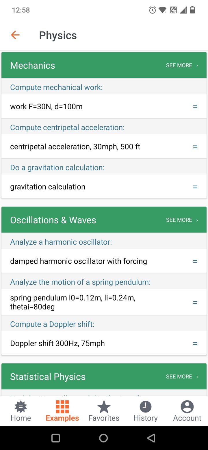 Screenshot of the Examples tab in the Wolfram Alpha app