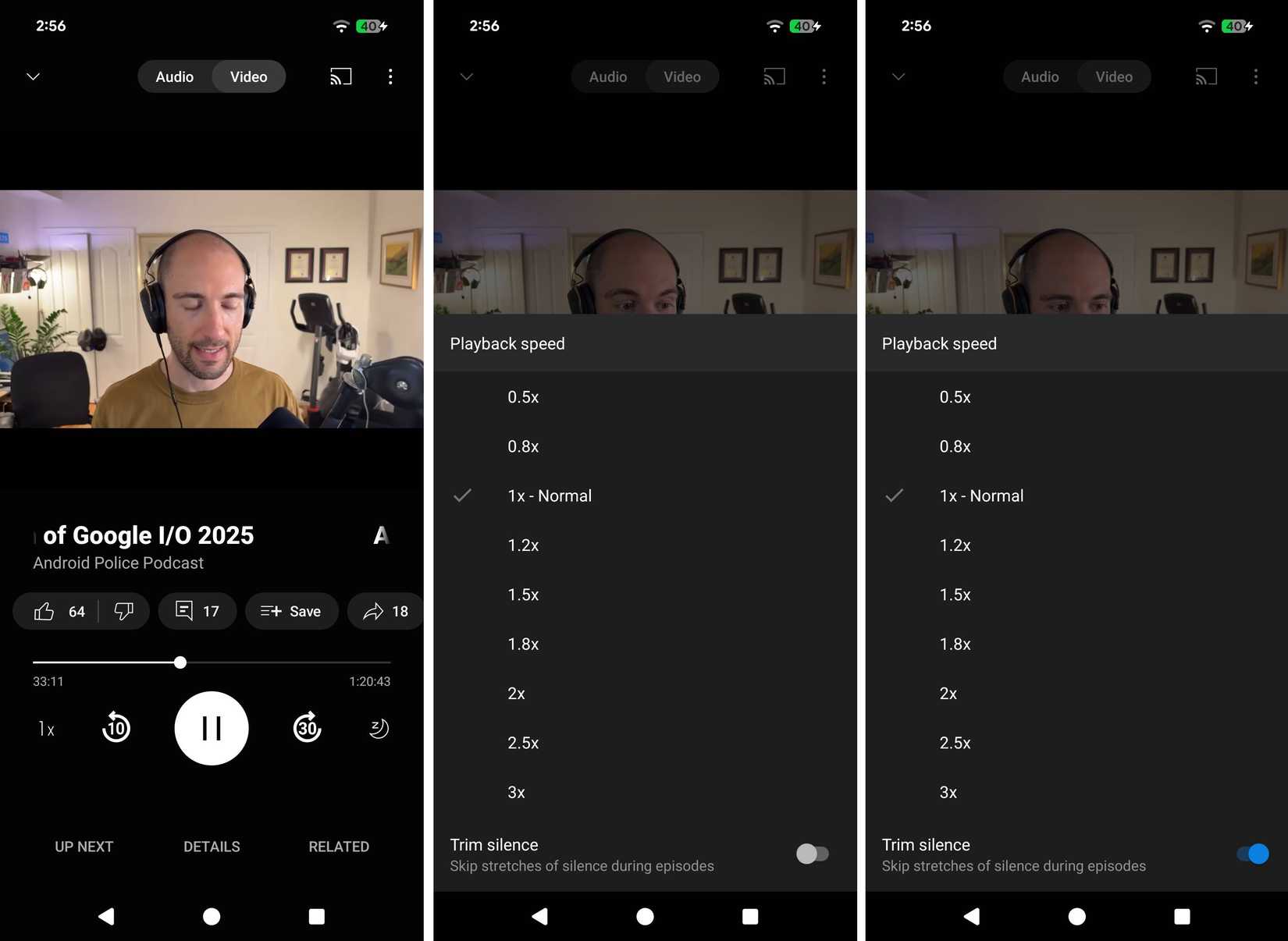 Screenshots highlighting YouTube Music's new Trim Silence feature for podcasts.