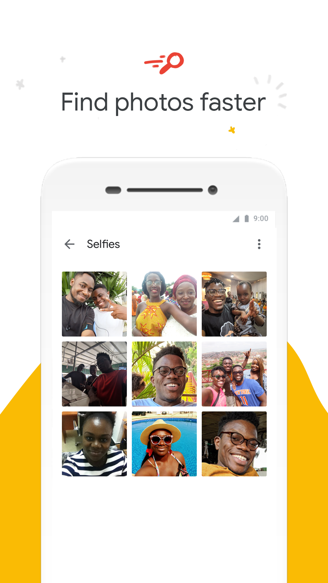 stylized phone on white and orange background showing a selection of selfies