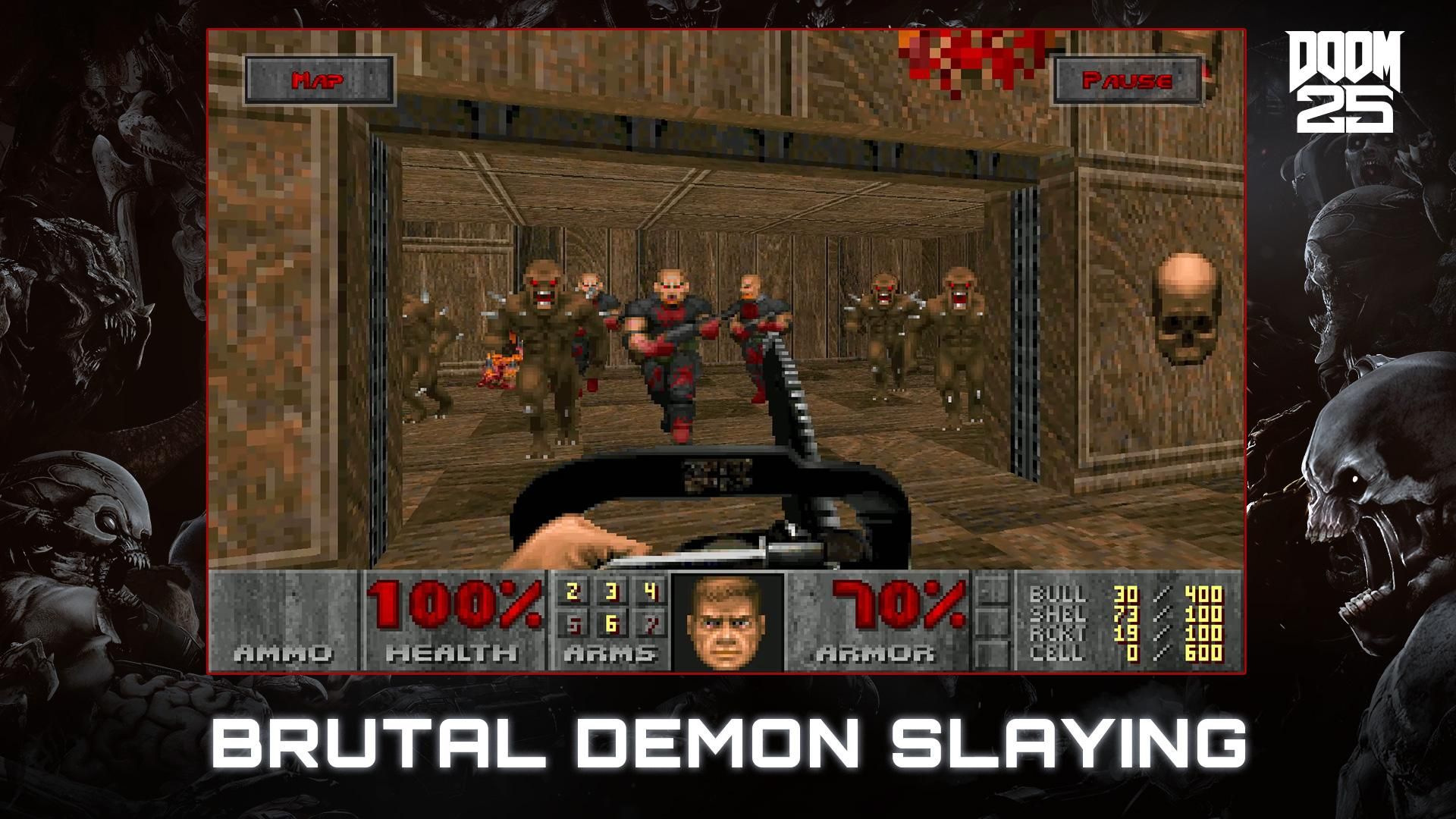 doom mobile port with centered screenshot displaying ammo, health, arms, armor and listed stats