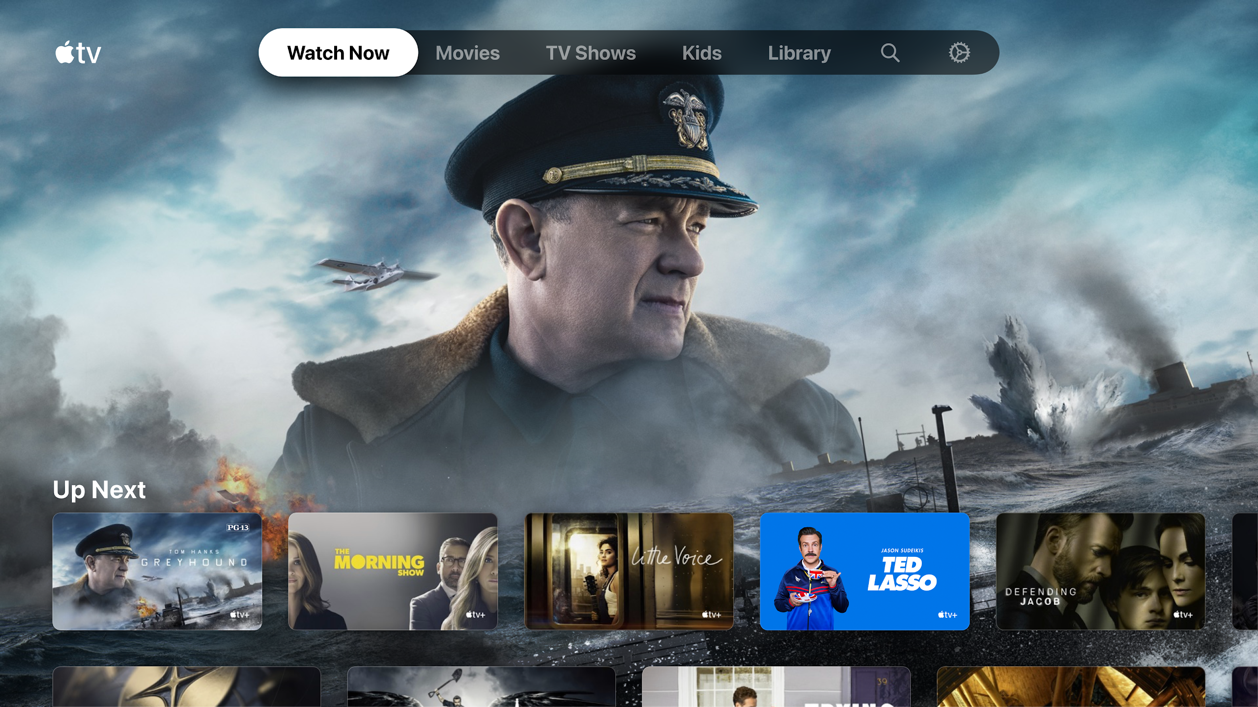 The Apple TV home screen showing movies available to watch