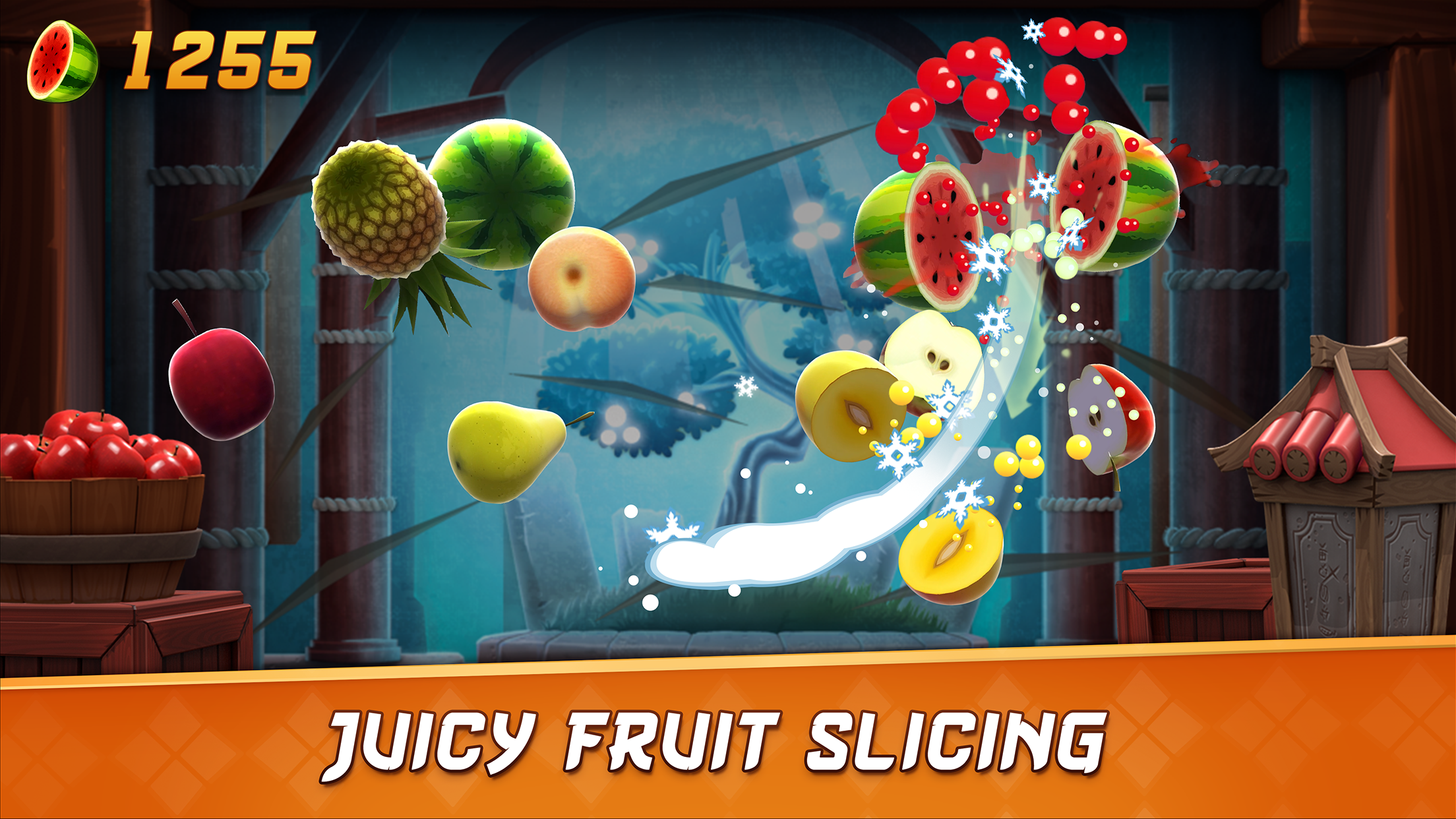A screenshot of mobile game Fruit Ninja with text reading 