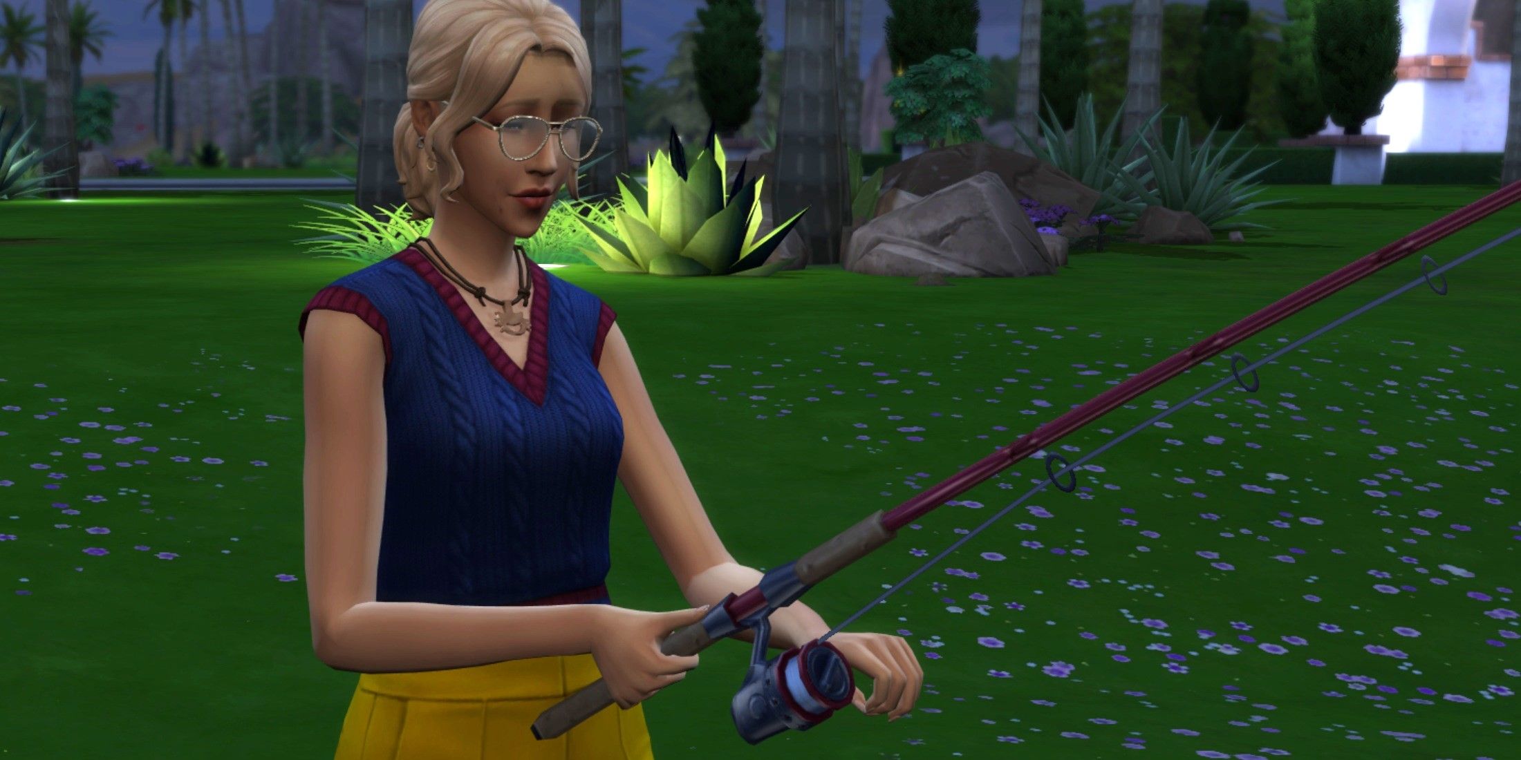 A Sims character with a fishing pole