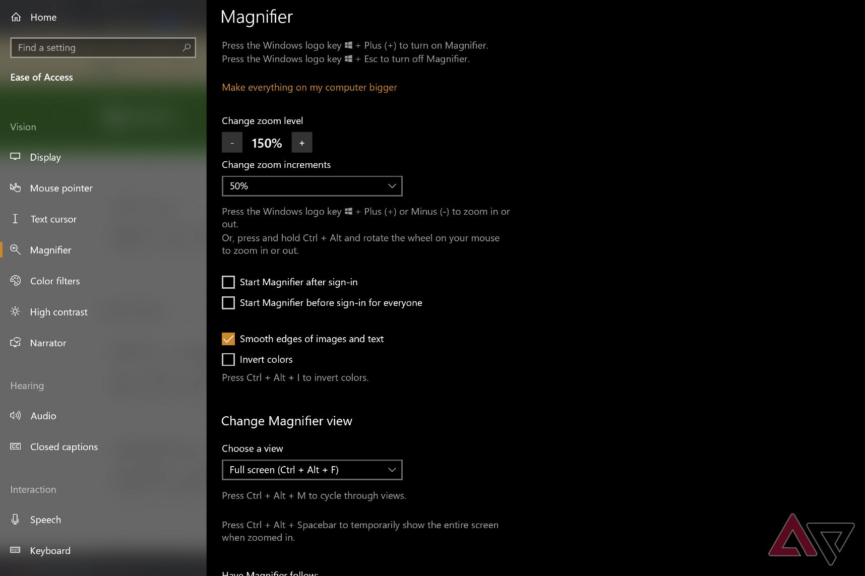 Windows 10 showing Magnifier customization options. 