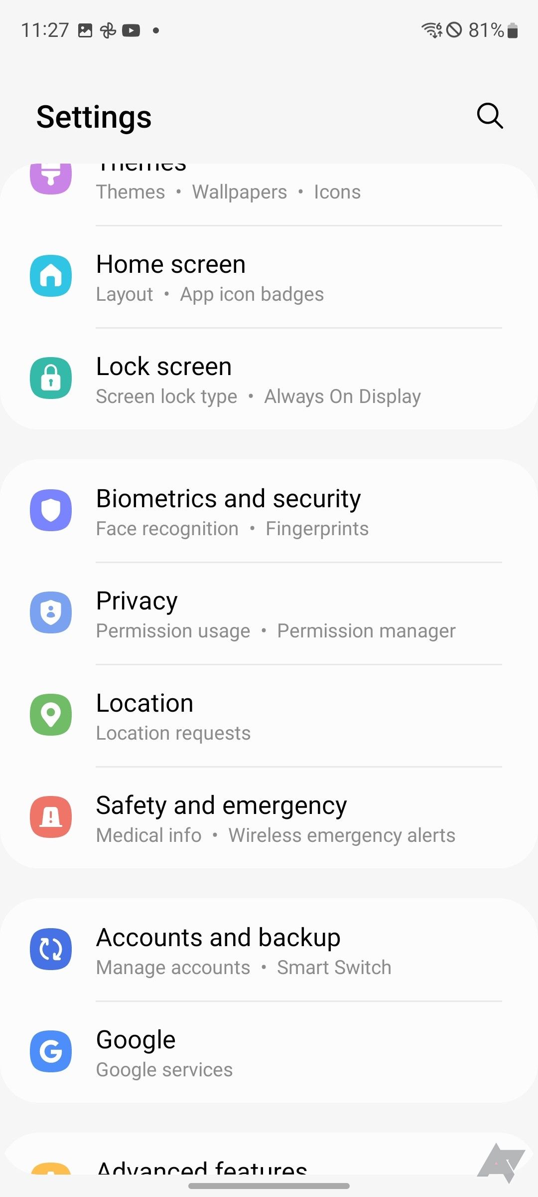 The Biometrics and Security option shown in Android settings.