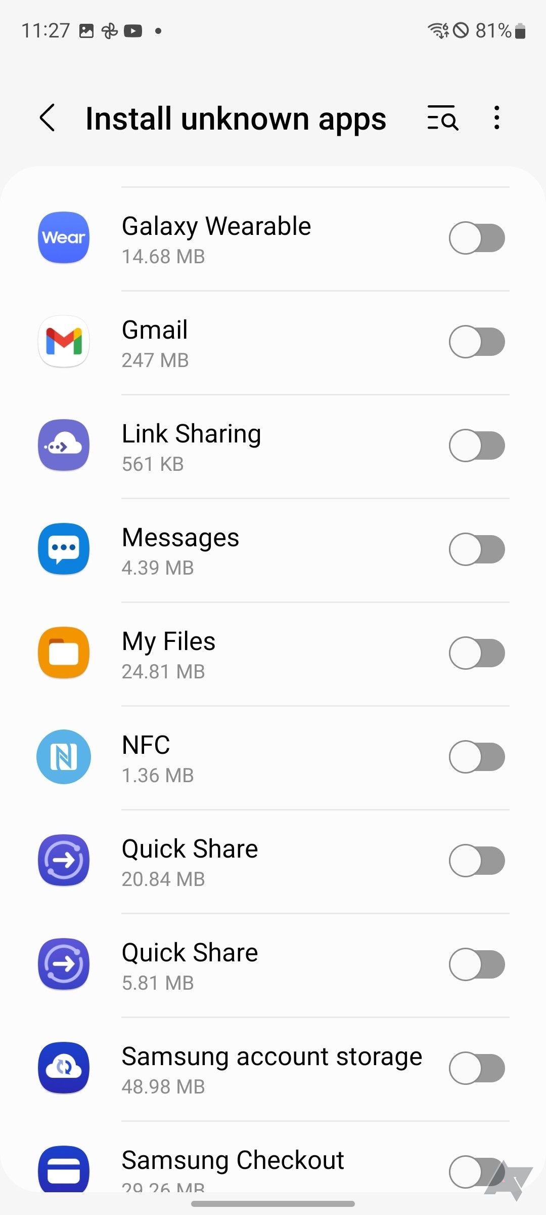 List of apps on Android to give permission to install apps.