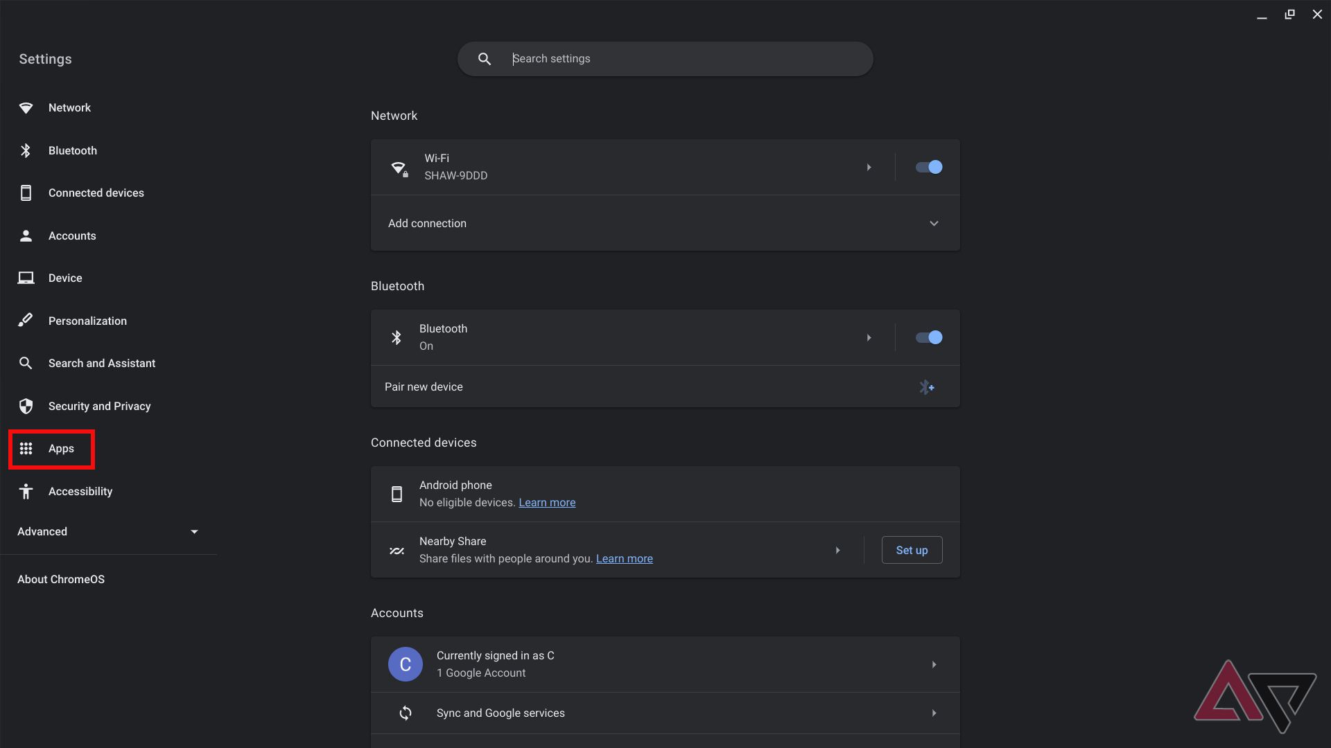 A screenshot of the Settings menu in ChromeOS
