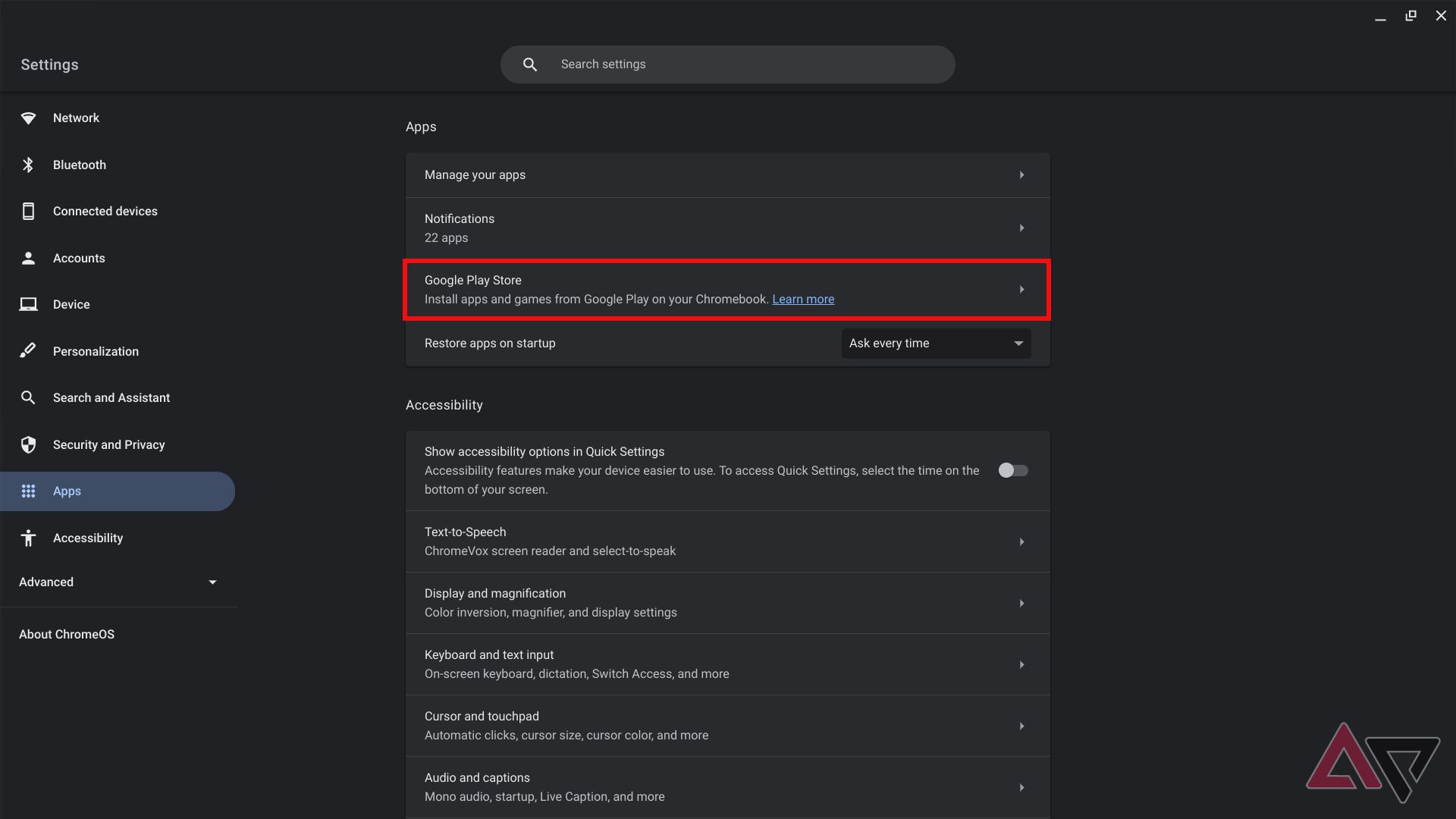 A screenshot of the ChromeOS Settings page with the Google Play Store option highlighted 