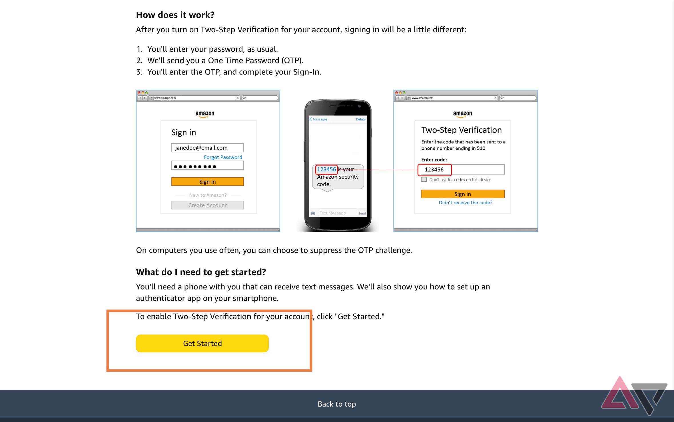 Choose Get Started in Amazon's verification screen.