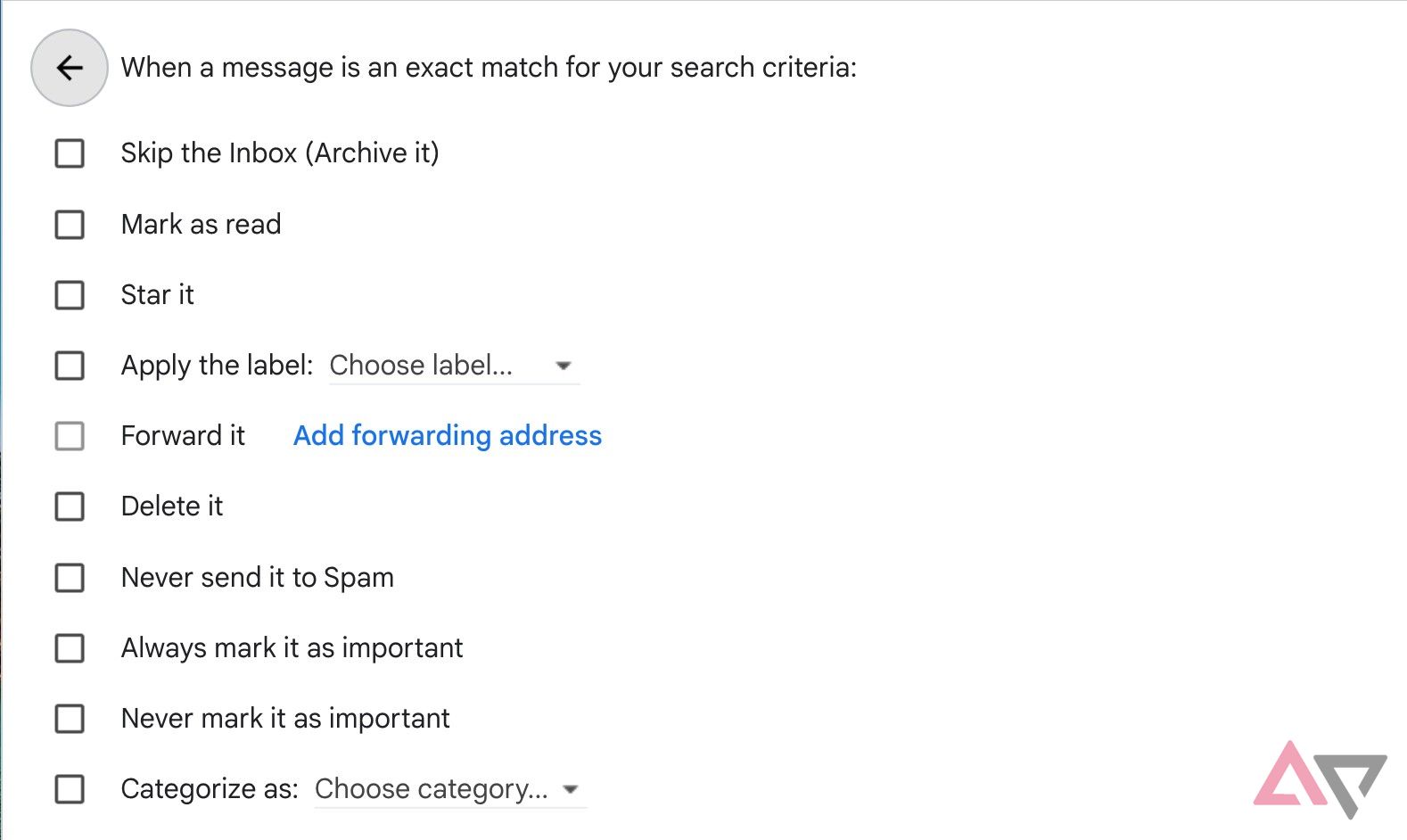 Checklist of choices for a Gmail filter.