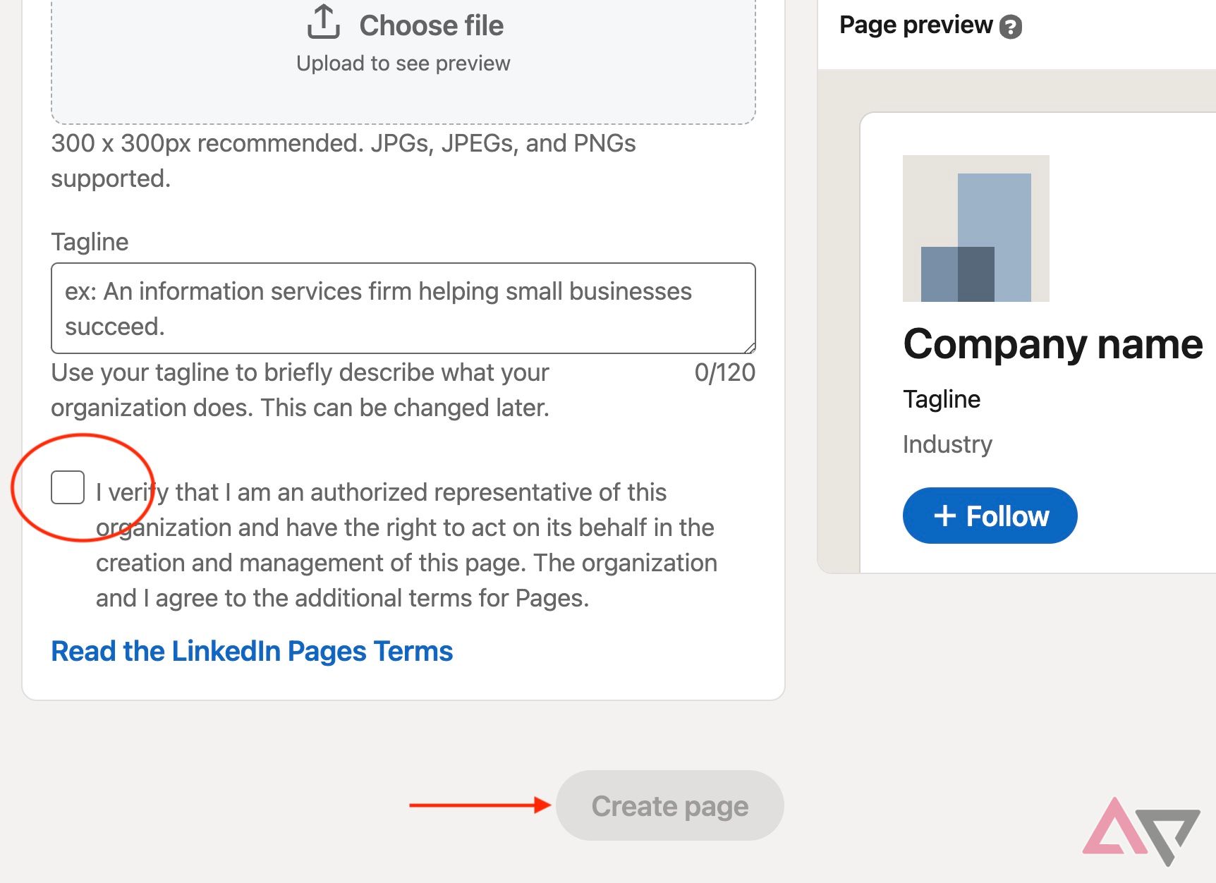 LinkedIn desktop procure a company page menu with verification box circled in red and a red arrow pointing to procure a page button 