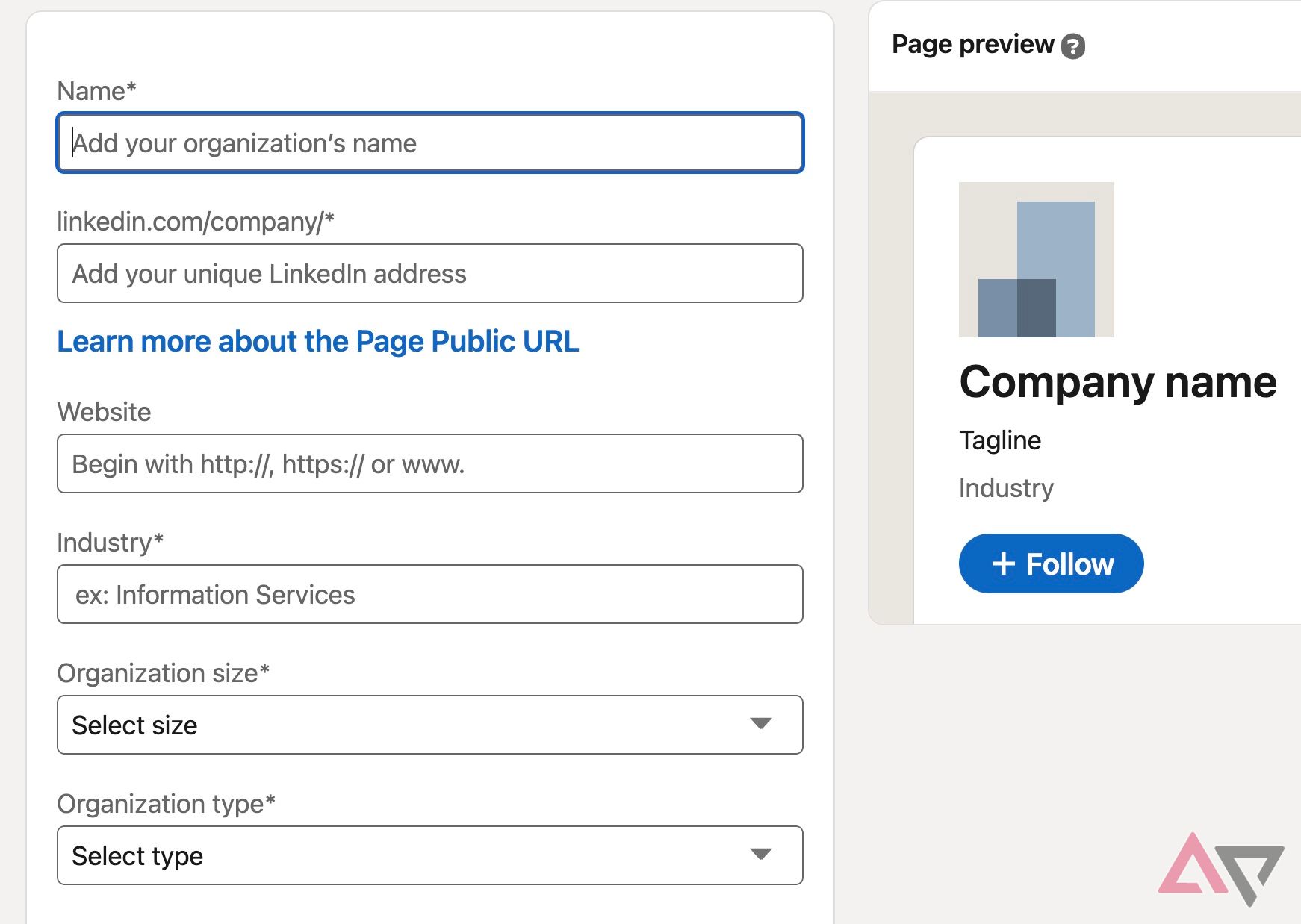 The LinkedIn procure a company page menu with text fields exhibiting