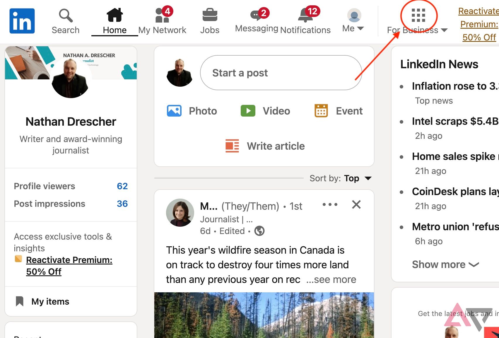 LinkedIn desktop homepage with a red arrow pointing to the grid of squares on the high just appropriate-making an are trying